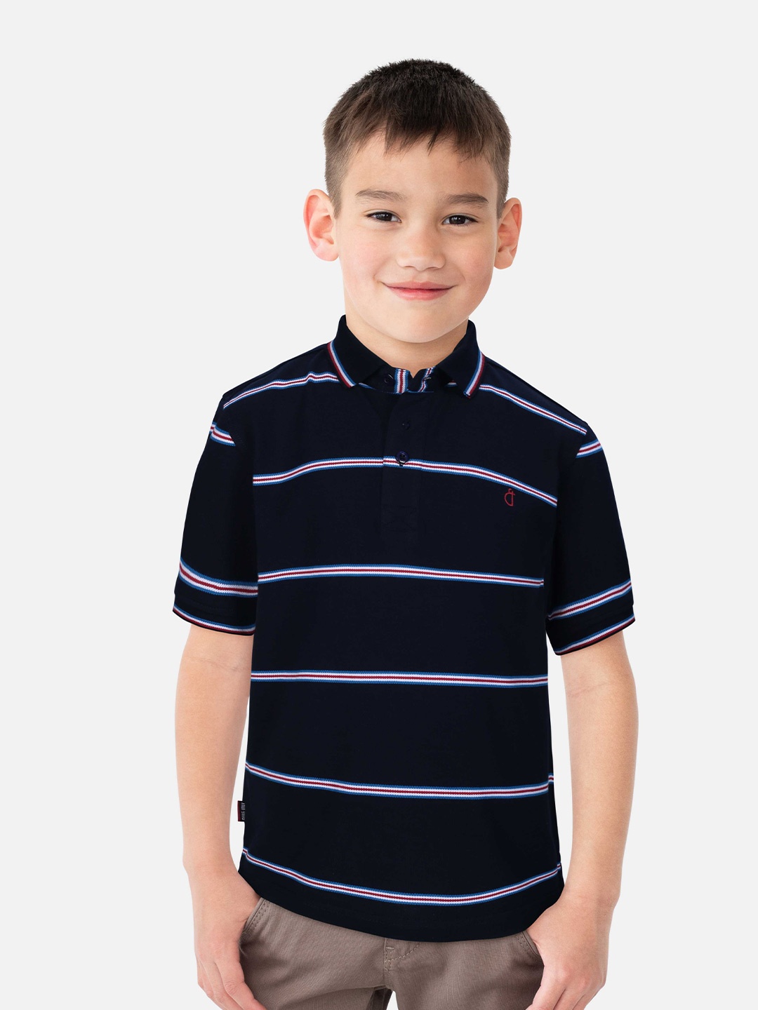 

Gini and Jony Boys Navy Blue & White Striped Polo Collar Indigo T-shirt