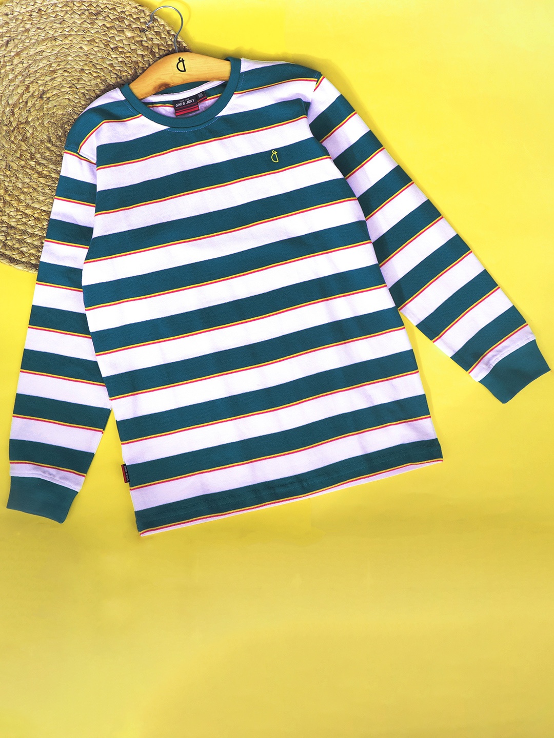 

Gini and Jony Boys White & Green Striped Long Sleeves Cotton T-shirt