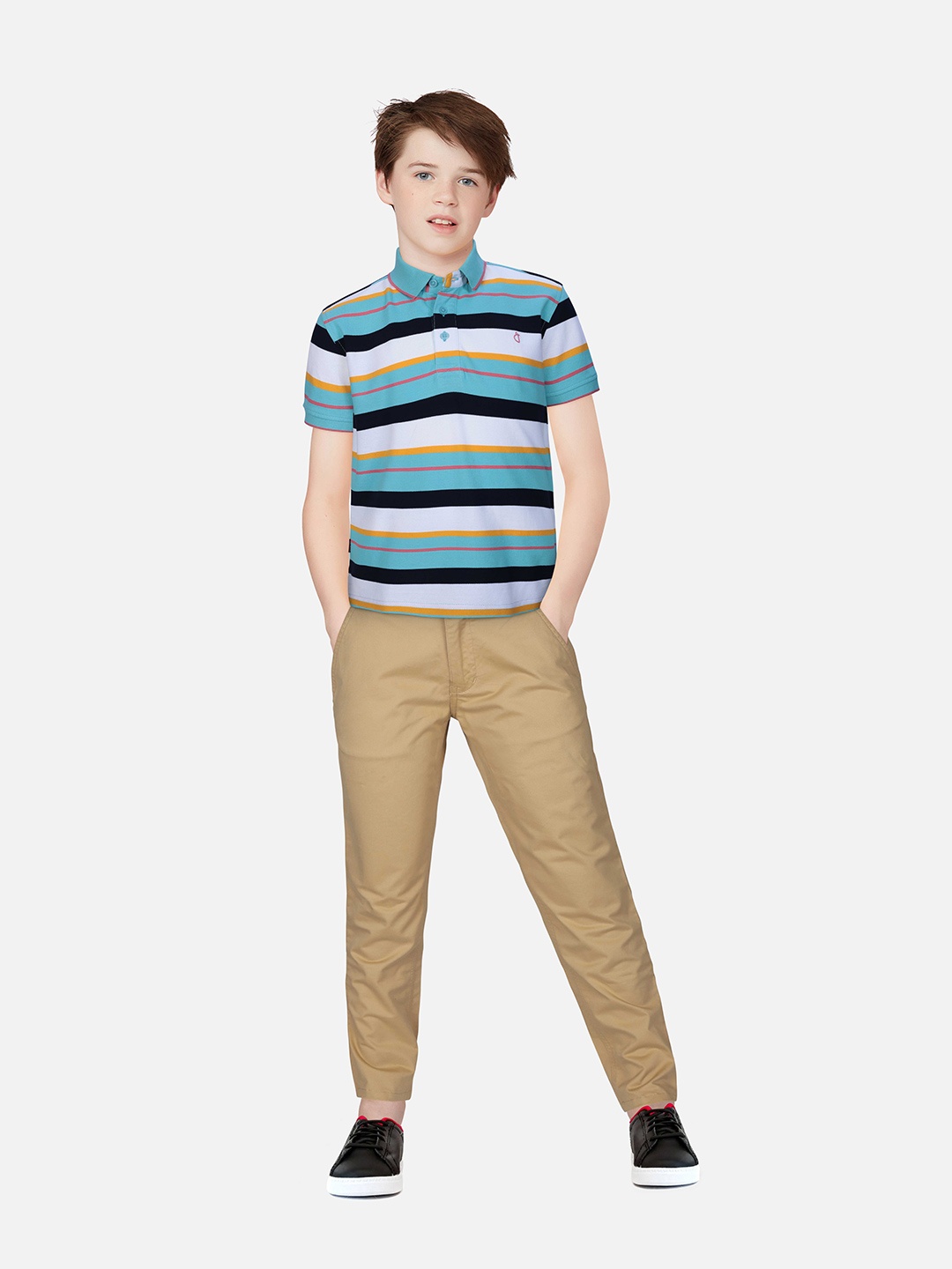 

Gini and Jony Boys Turquoise Blue & White Cotton Striped Polo Collar T-shirt