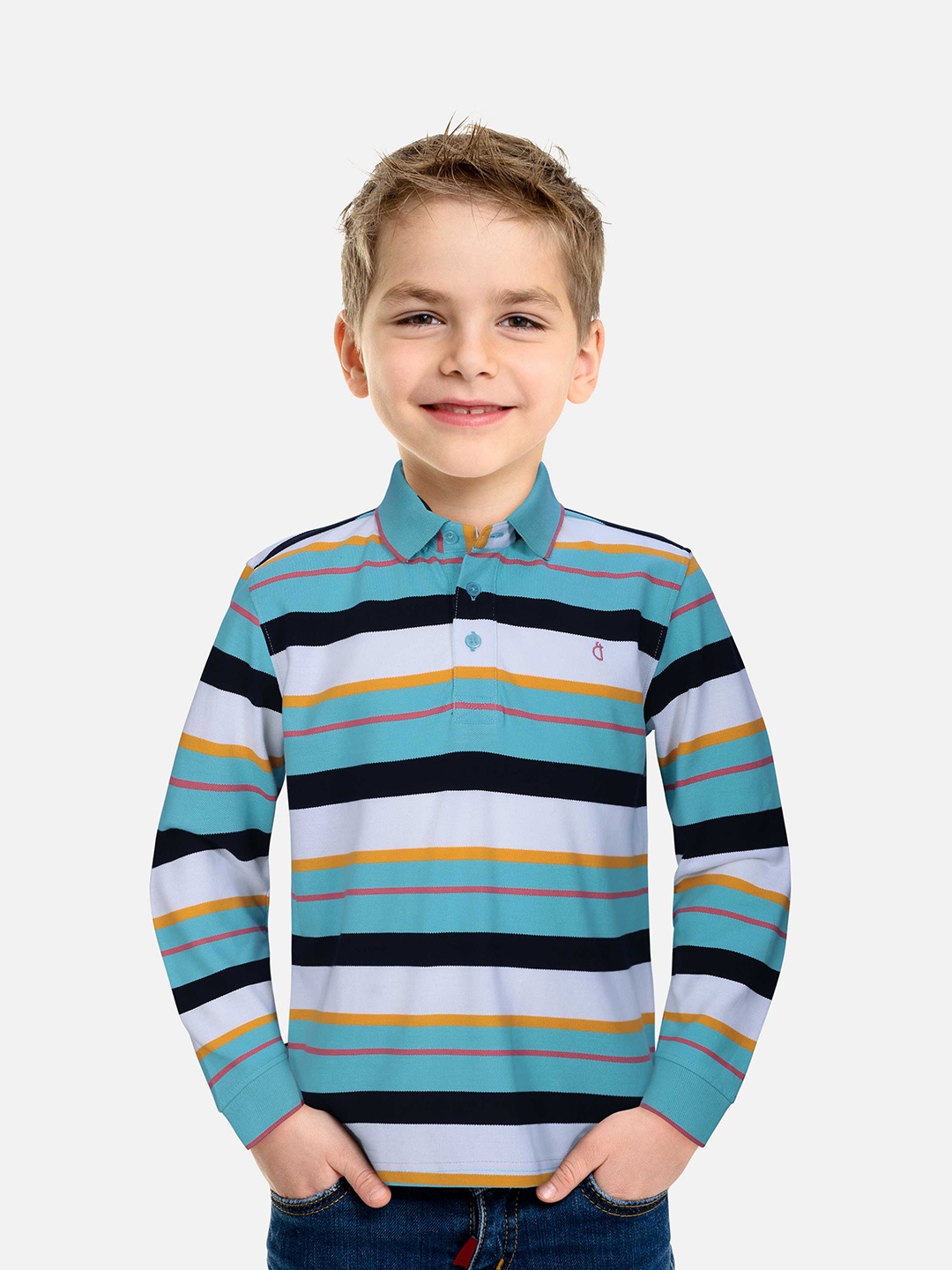

Gini and Jony Boys Blue & White Striped Cotton Polo Collar T-shirt