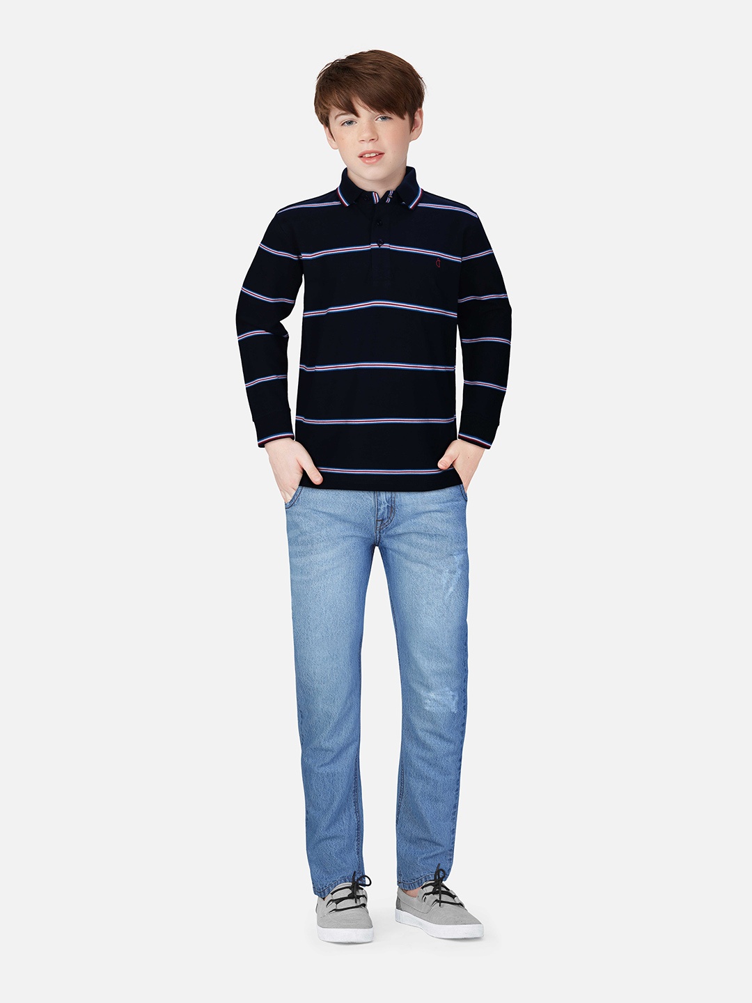 

Gini and Jony Boys Navy Blue & White Striped Polo Collar T-shirt