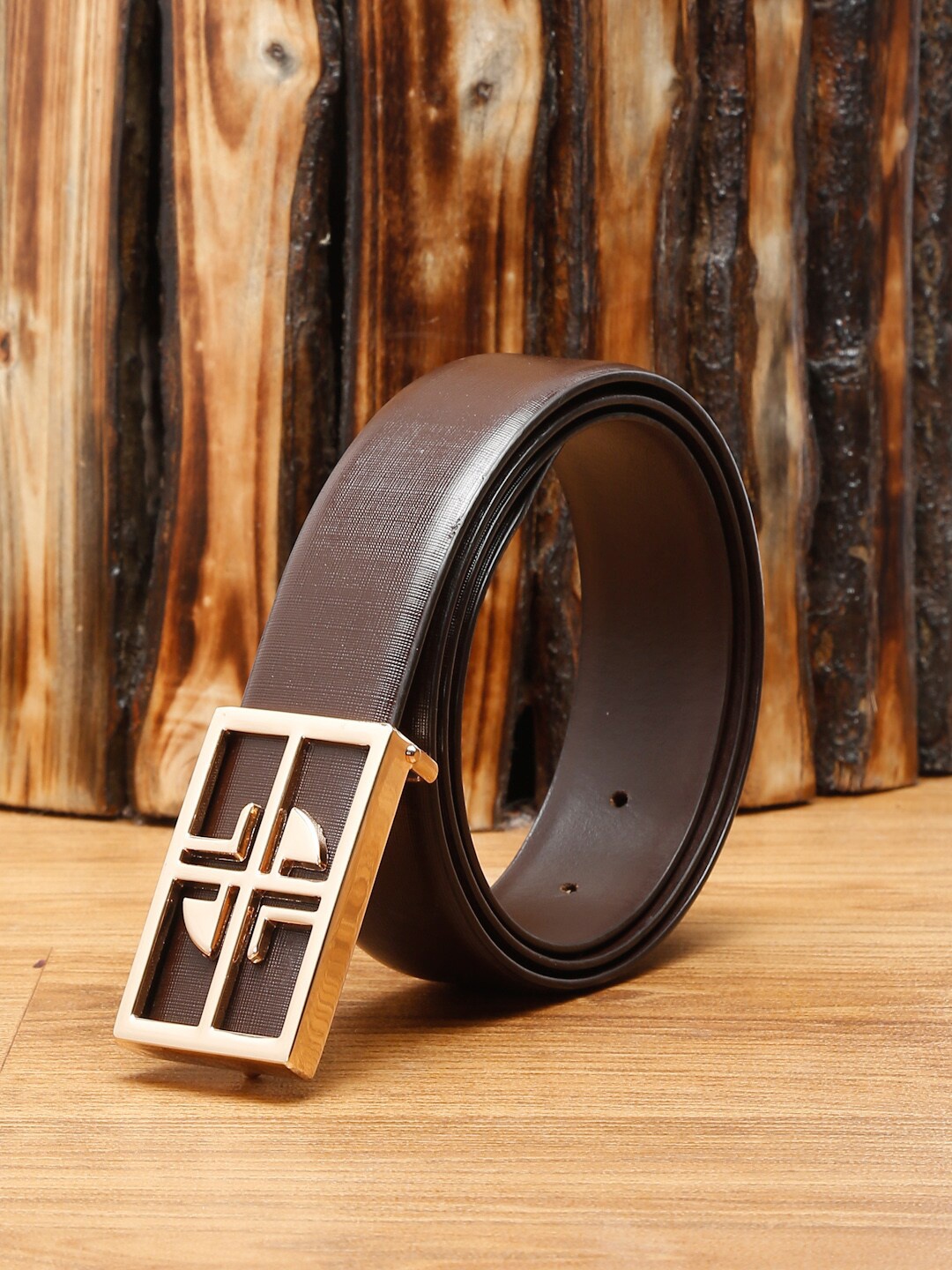 

LOUIS STITCH Men Brown Textured Italian Leather Formal Belt with Golden Buckle