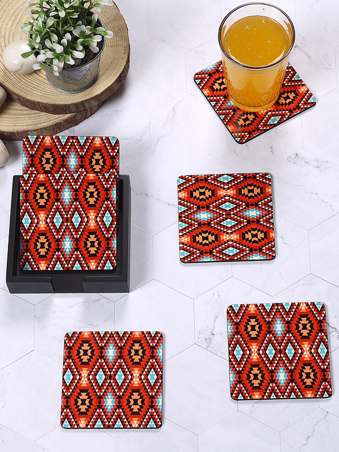 

Reinvention Factory Set Of 6 Red & Black Printed Coasters