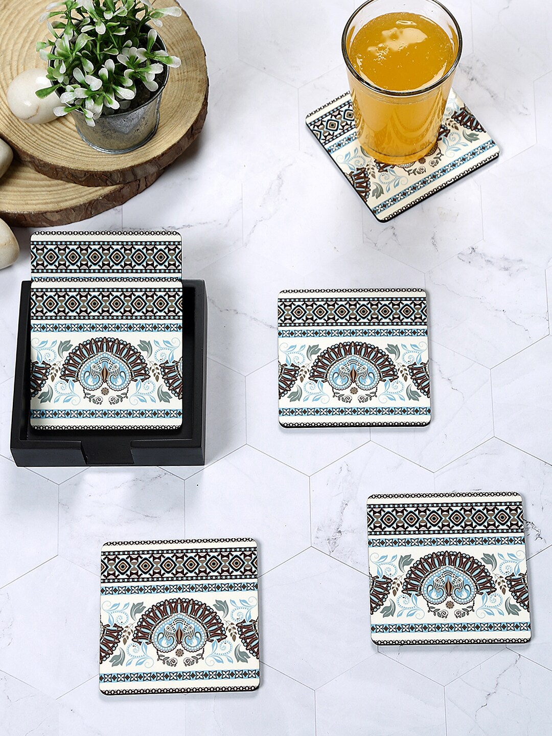 

Reinvention Factory Set Of 6 Teal Ethnic Printed Wooden Coasters, White