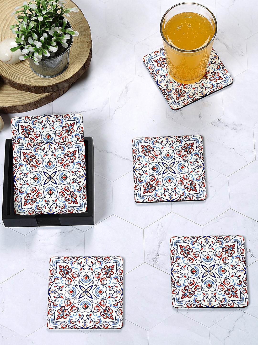 

Reinvention Factory Set Of 6 White & Maroon Printed Coasters With Holder