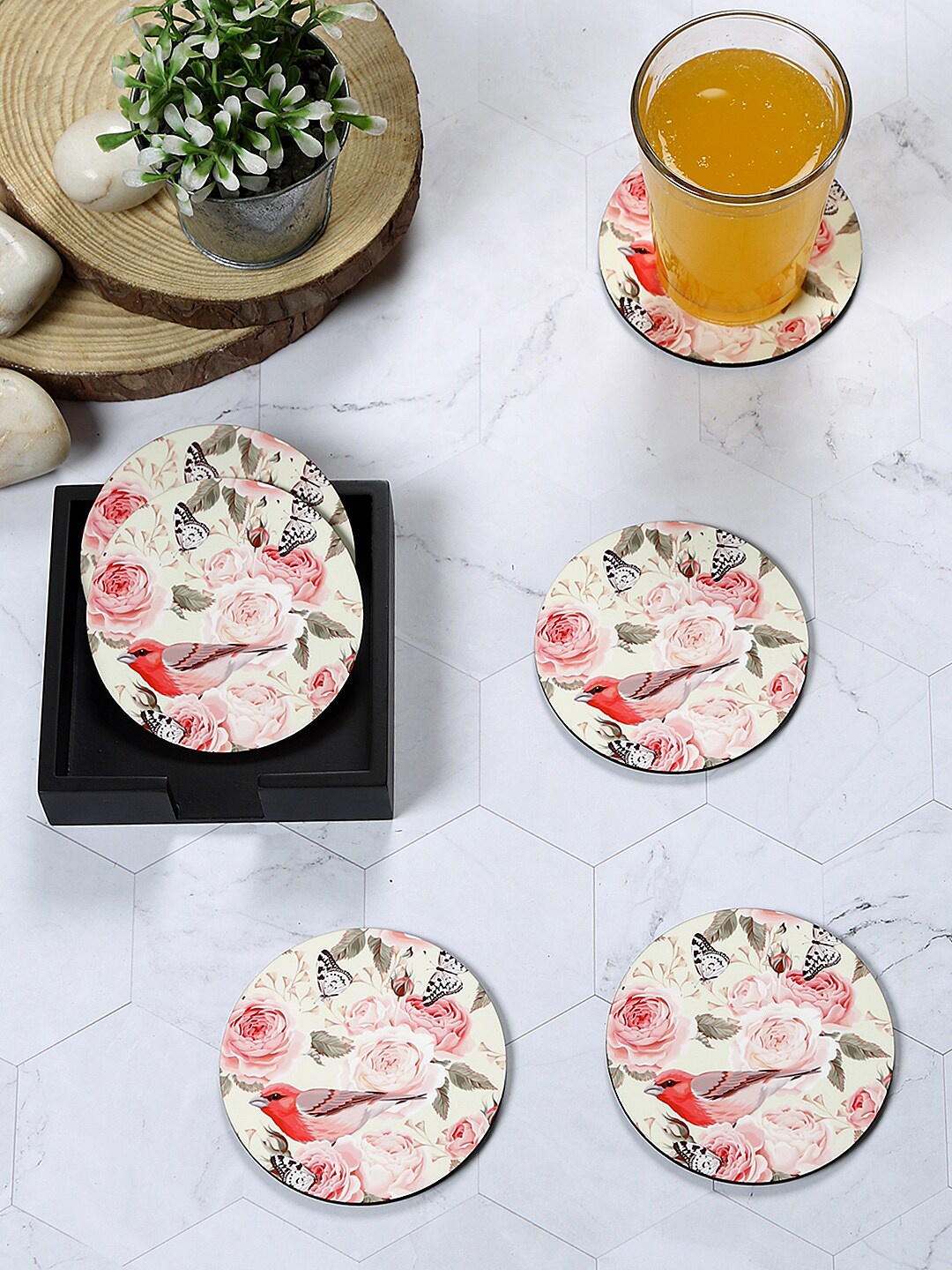 

Reinvention Factory Set Of 6 Pink Printed Round Coasters