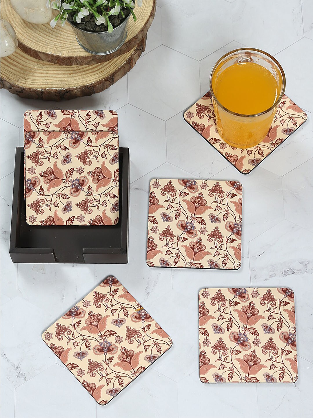 

Reinvention Factory Set of 6 Cream Printed Wooden Coasters, Beige