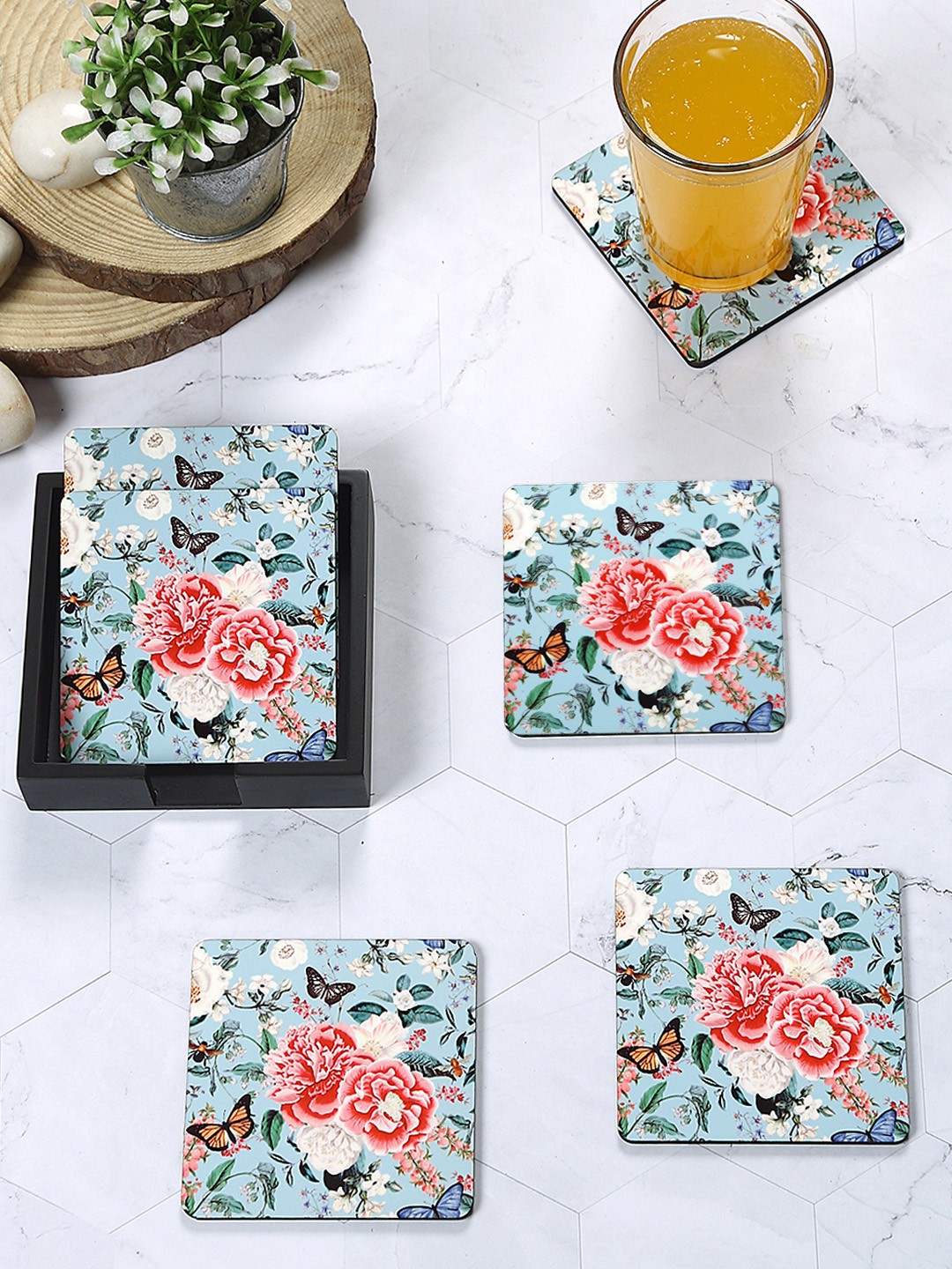 

Reinvention Factory Set Of 6 Turquoise Blue Printed Wooden Coasters