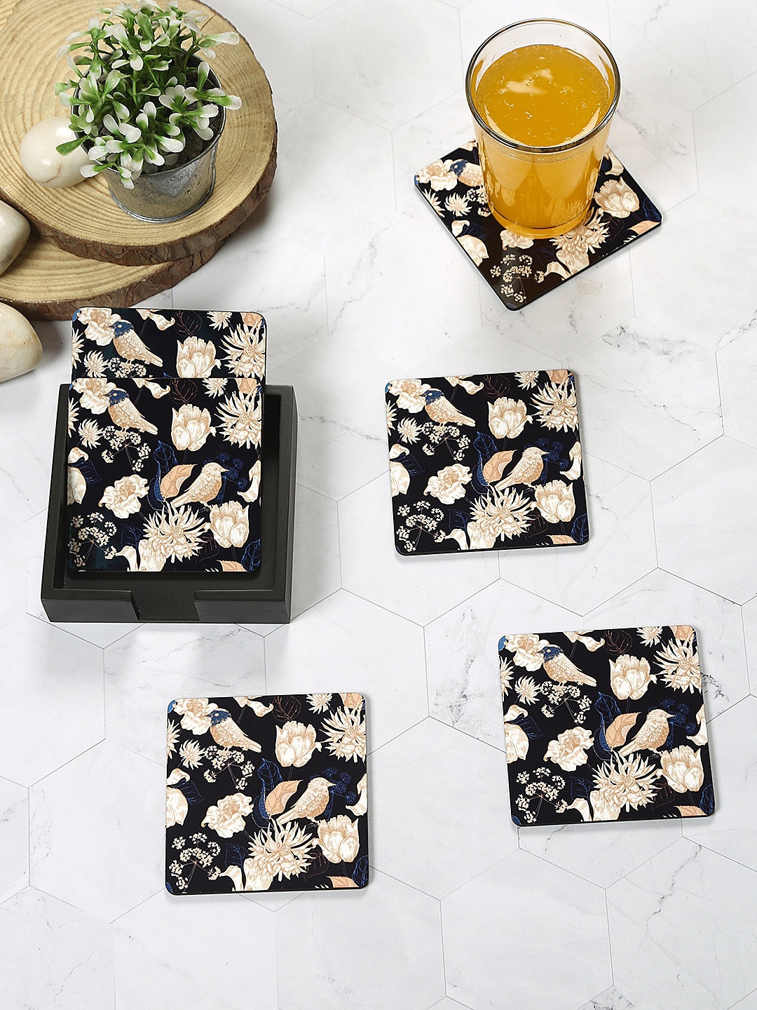 

Reinvention Factory Set Of 6 Navy Blue Bird Printed Wooden Coasters With Holder