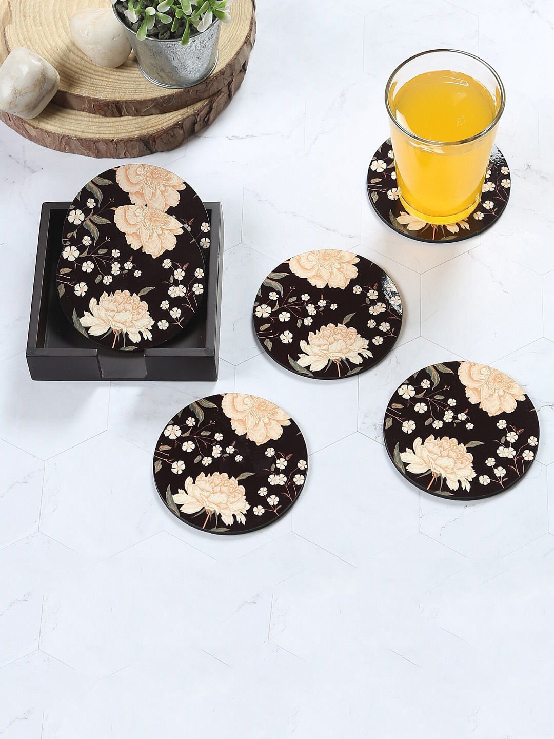 

Reinvention Factory Set Of 6 Black & Beige Flower Printed Wooden Coasters