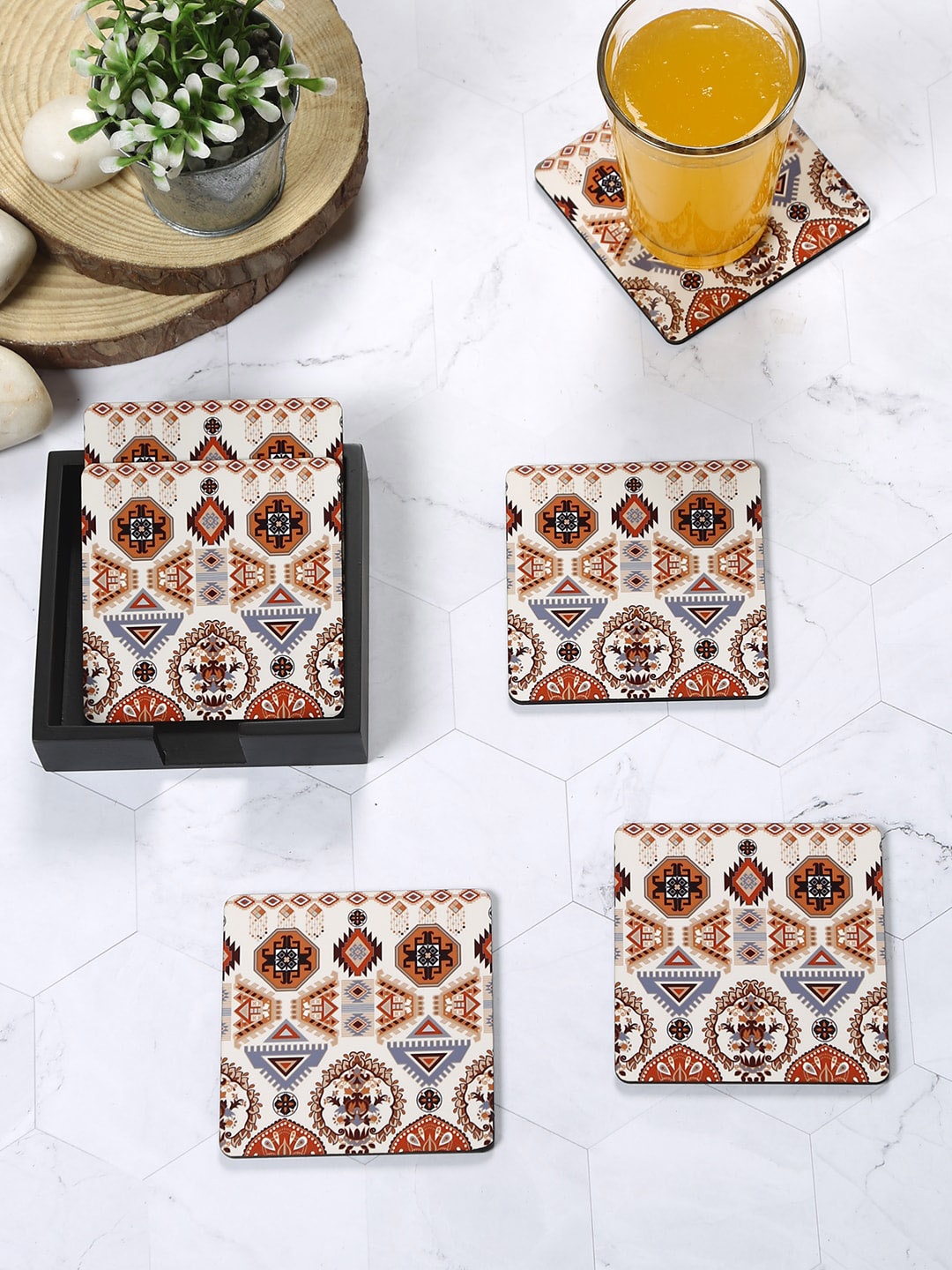

Reinvention Factory Set Of 6 Brown & Beige Printed Wooden Coasters, Off white