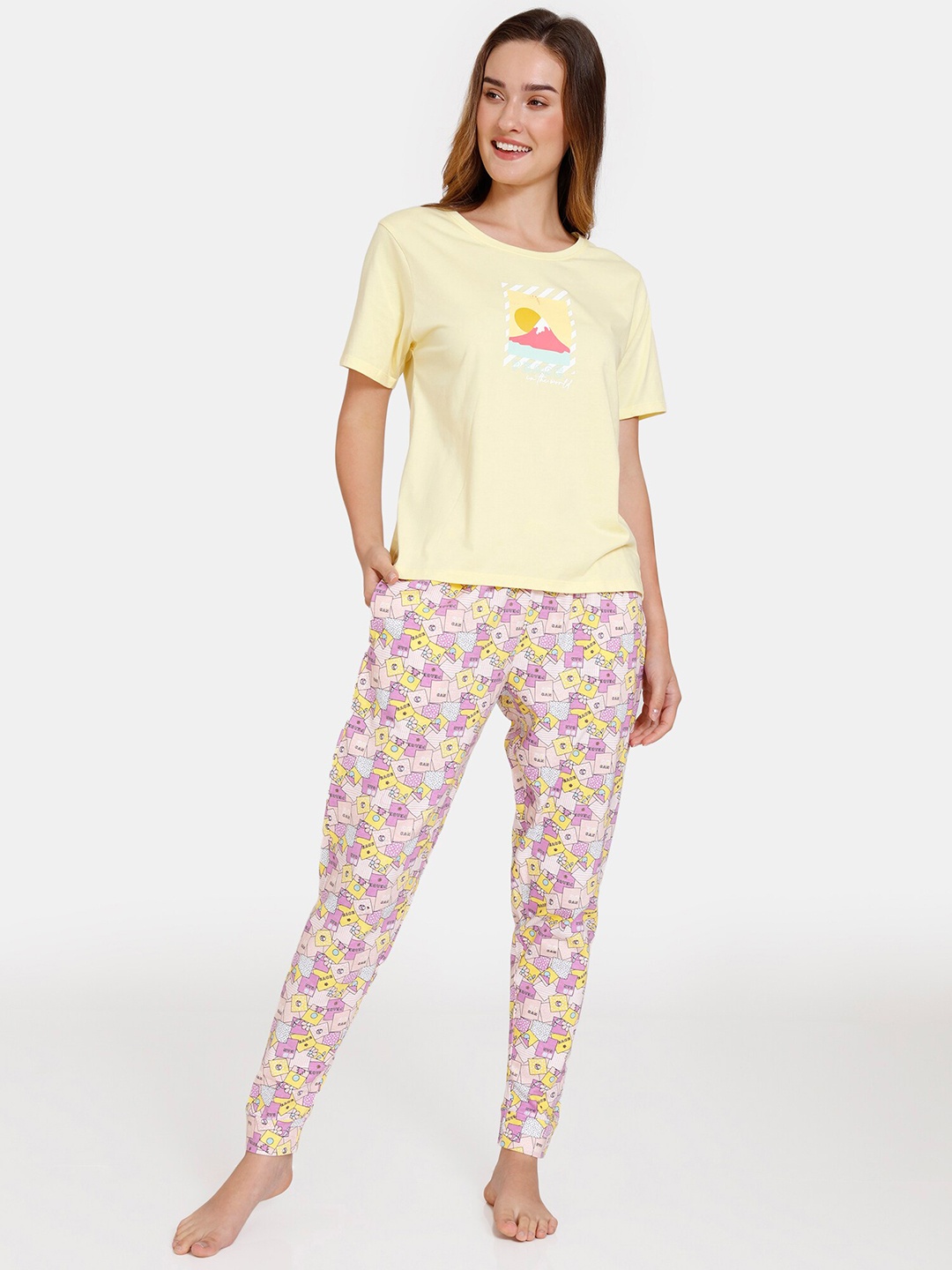 

Zivame Women Purple & Yellow Printed Pure Cotton Night Suit