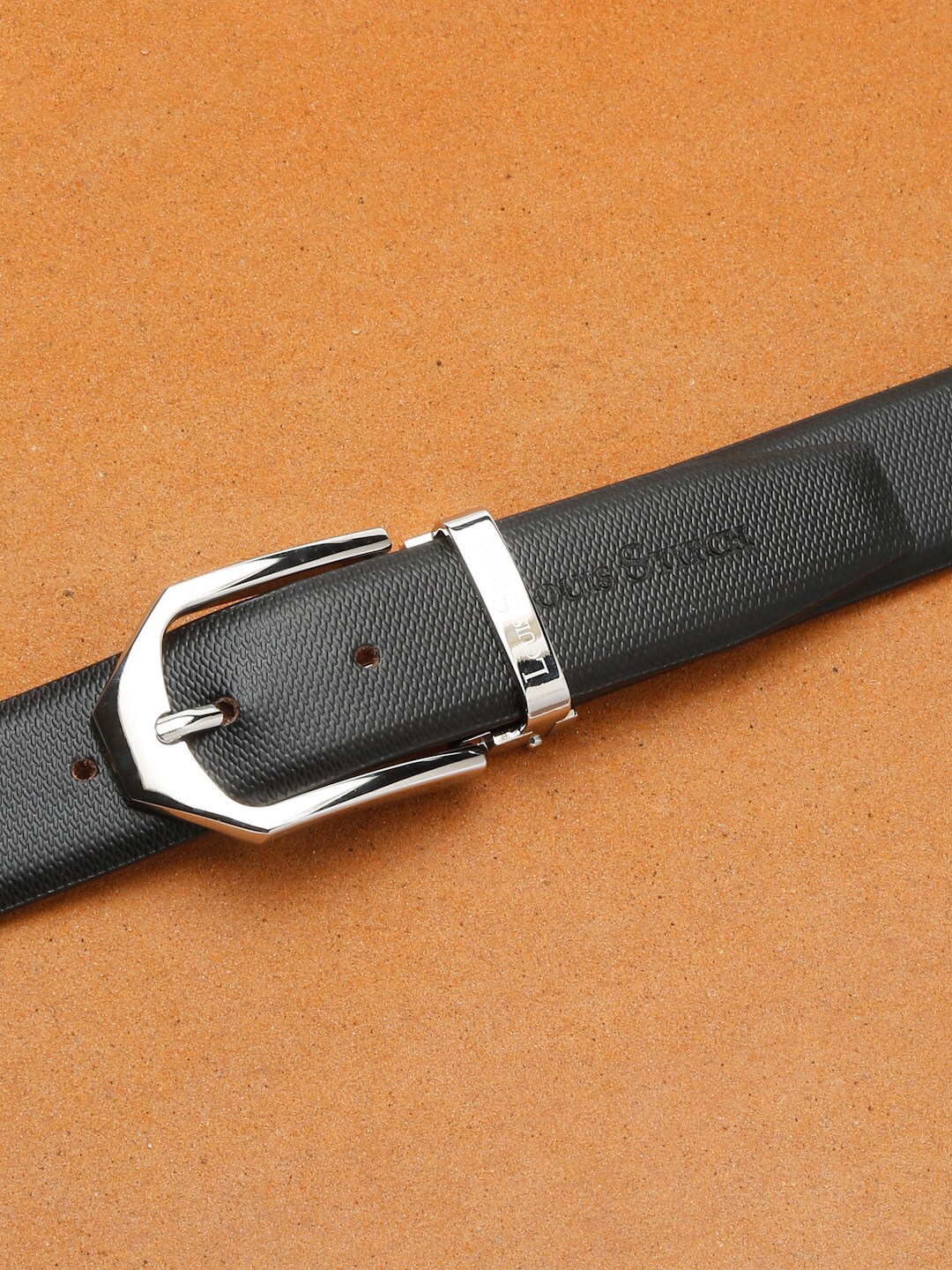 

LOUIS STITCH Men Black Textured Italian Leather Formal Belt with Chrome Buckle
