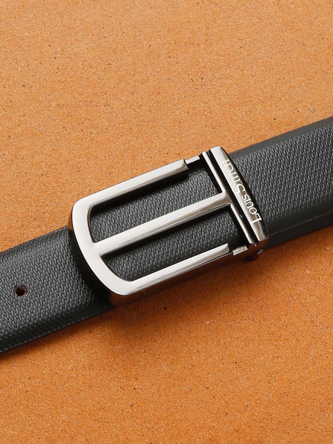 

LOUIS STITCH Men Black Textured Leather Formal Belt with Nickel Buckle
