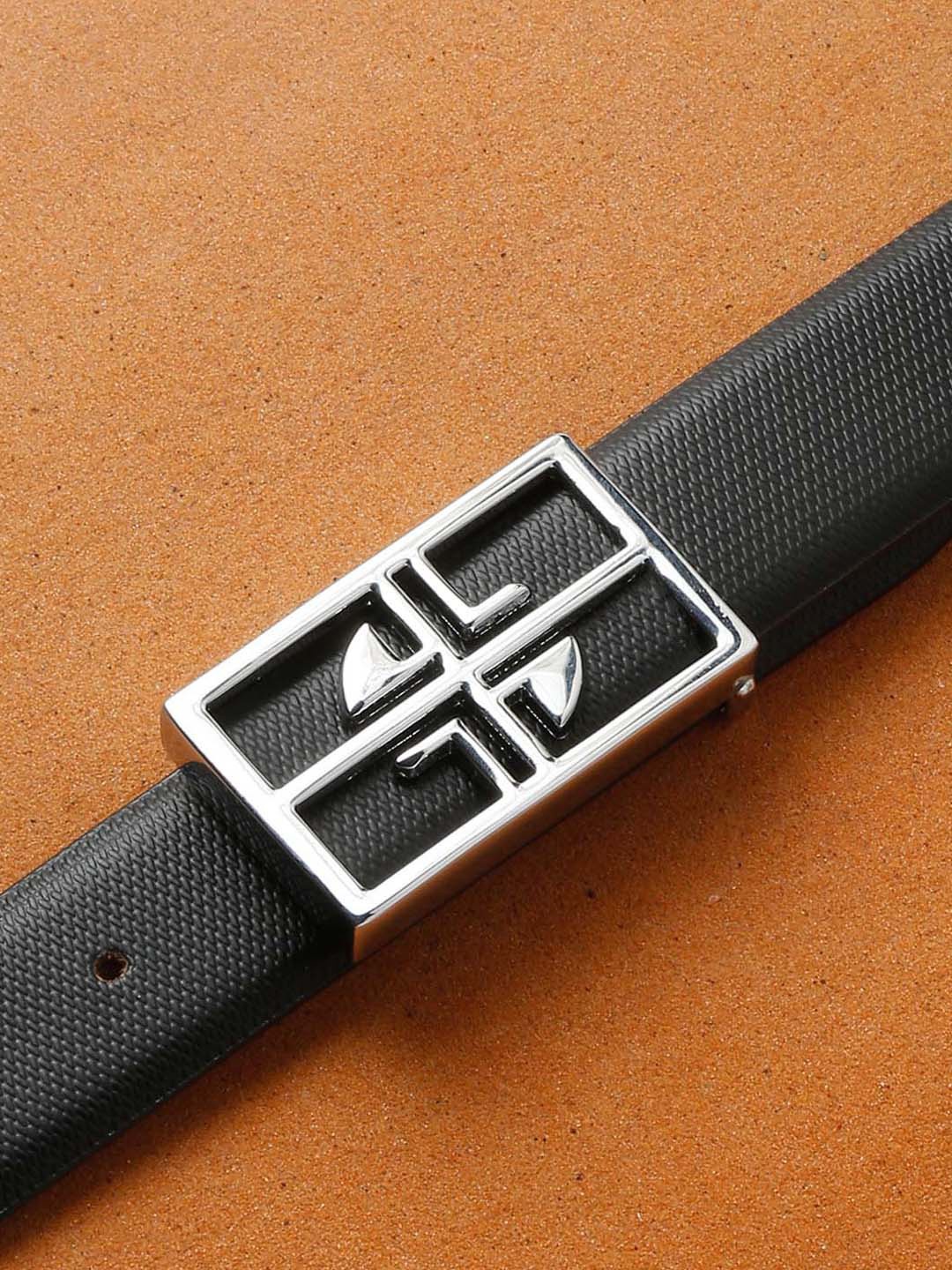 

LOUIS STITCH Men Black Textured Leather Formal Belt with Chrome Buckle