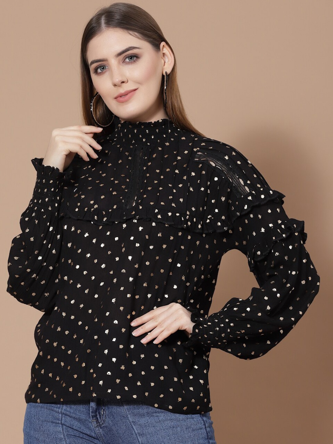 

HOUSE OF KKARMA Black Print Ruffles Top