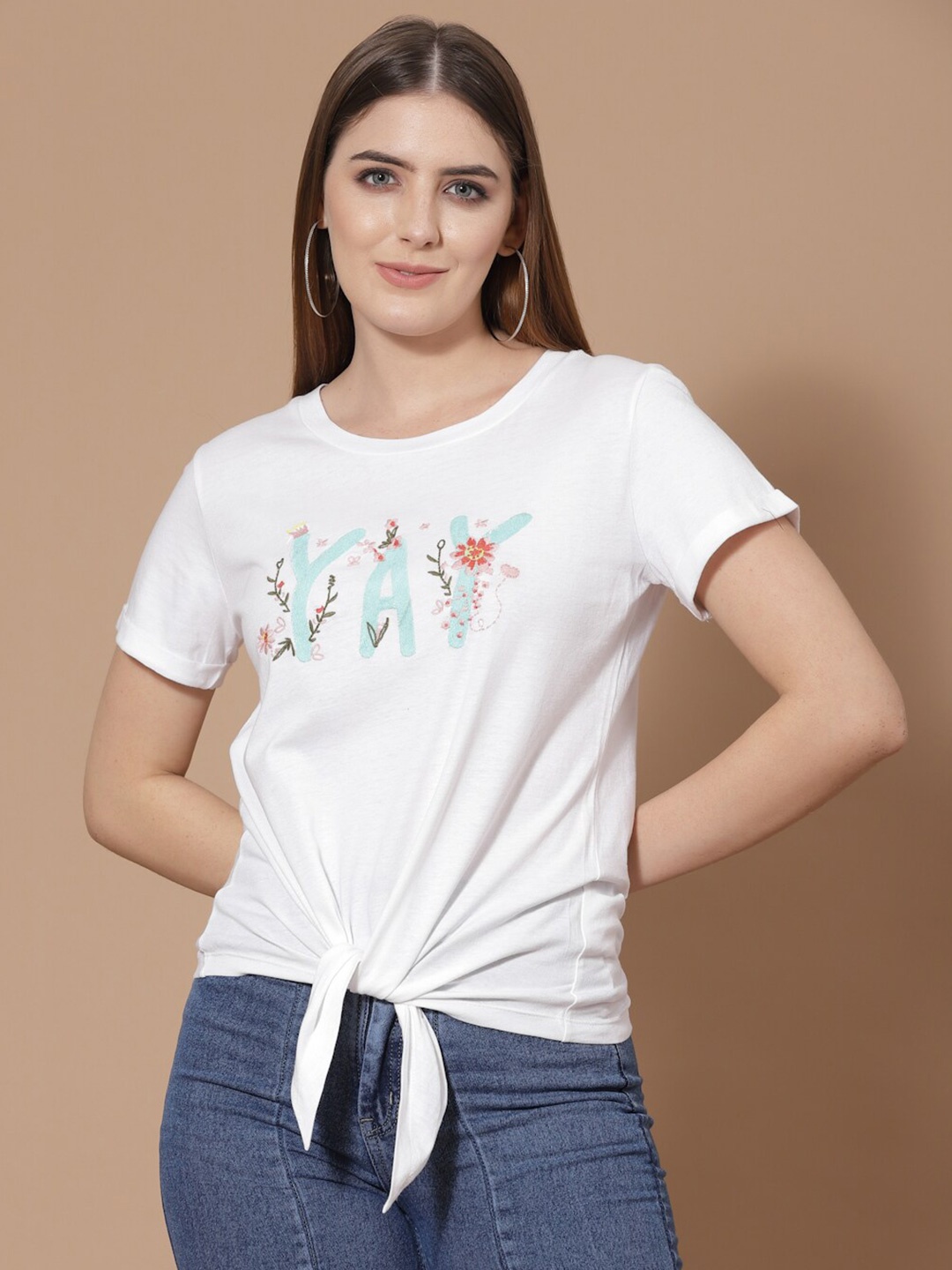 

HOUSE OF KKARMA Women White Typography Cotton T-shirt