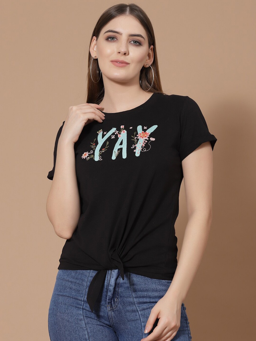 

HOUSE OF KKARMA Women Black & White Typography Printed Cotton T-shirt