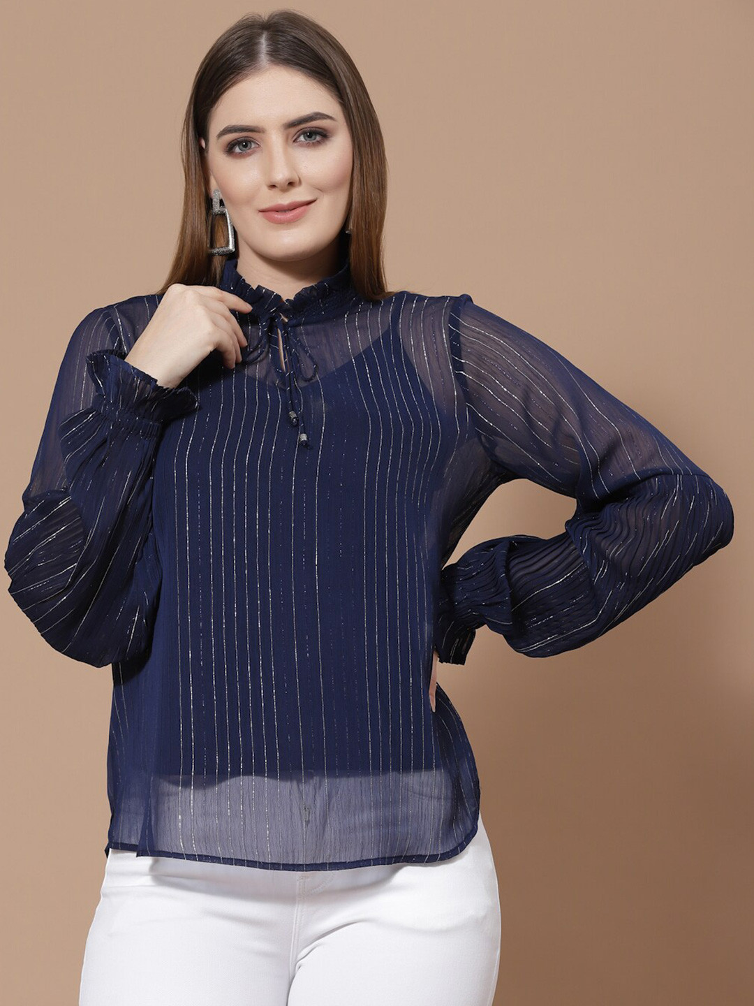 

HOUSE OF KKARMA Navy Blue Striped Mandarin Collar Georgette Shirt Style Top