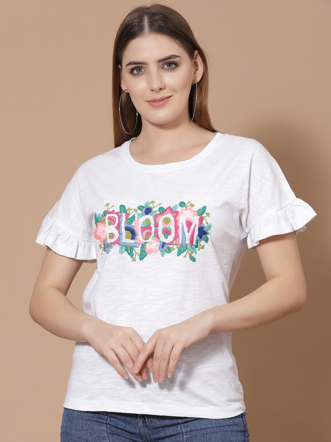 

HOUSE OF KKARMA Women White Floral Bloom Embroidery Cotton T-shirt