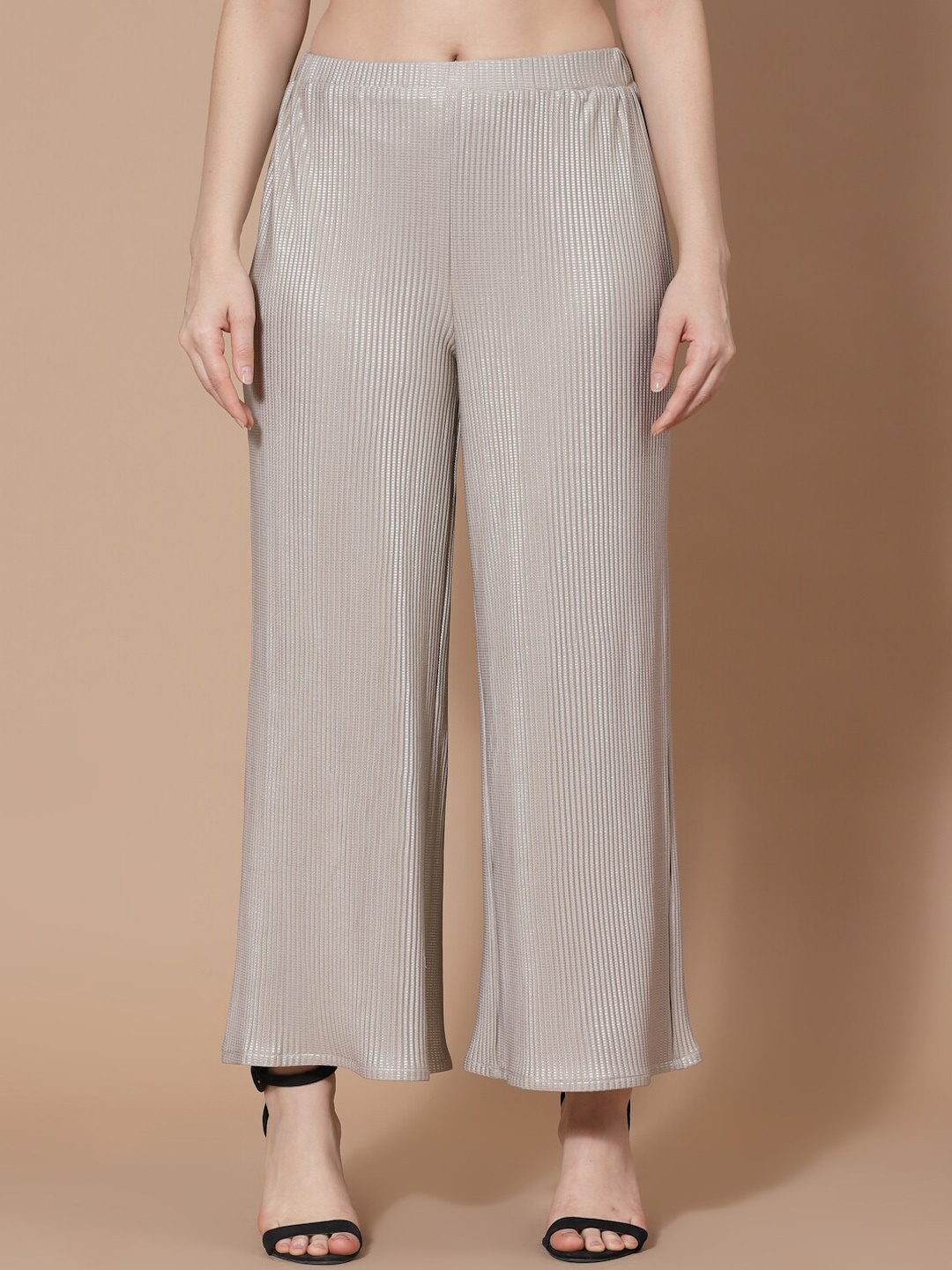 

HOUSE OF KKARMA Women Grey Striped Loose Fit Trousers