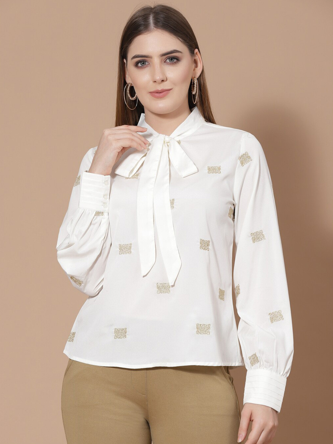 

HOUSE OF KKARMA Off White & Gold-Toned Geometric Print Tie-Up Neck Top