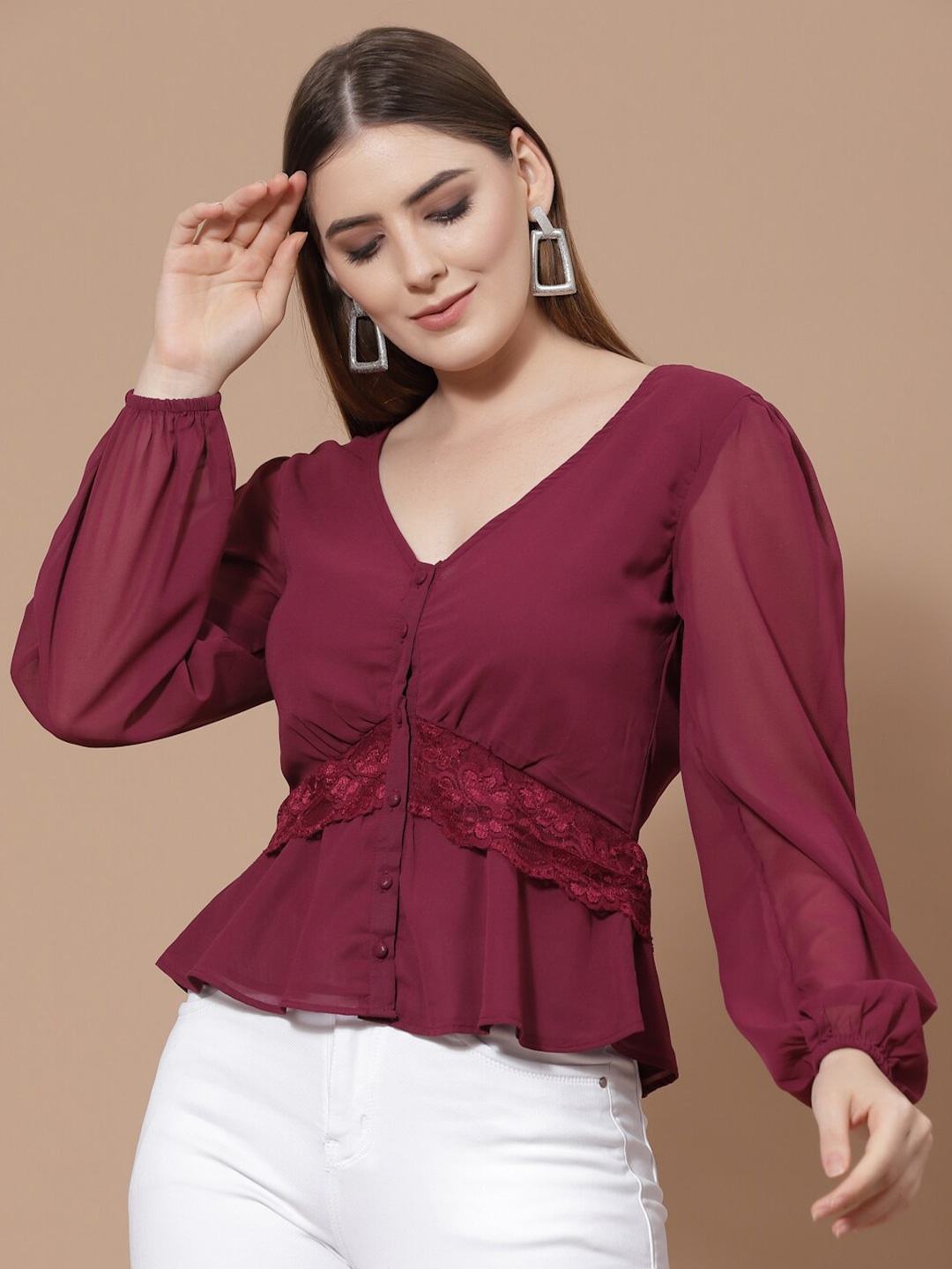 

HOUSE OF KKARMA Burgundy Georgette Empire Top