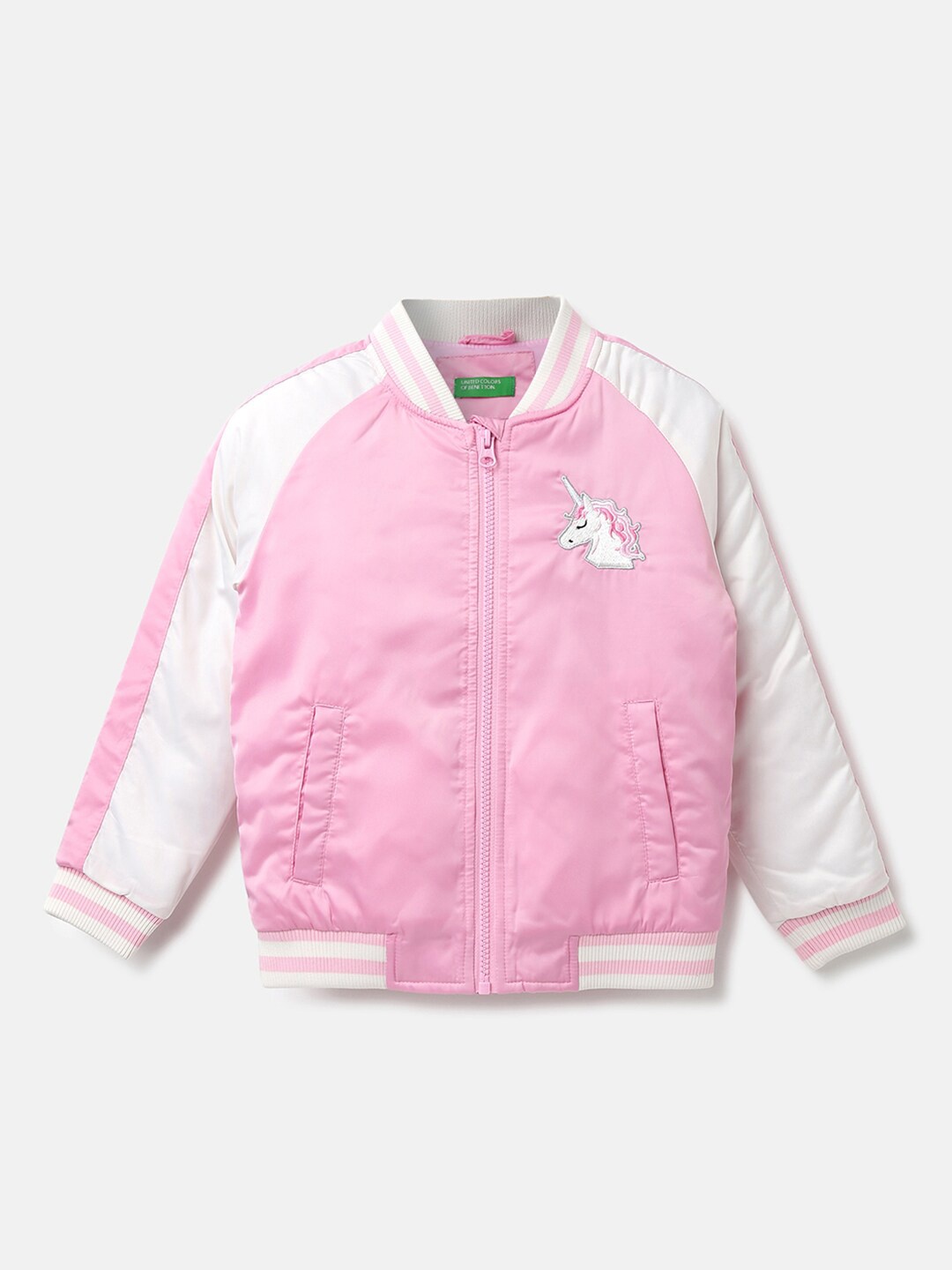 

United Colors of Benetton Girls Pink White Bomber With Embroidered Jacket
