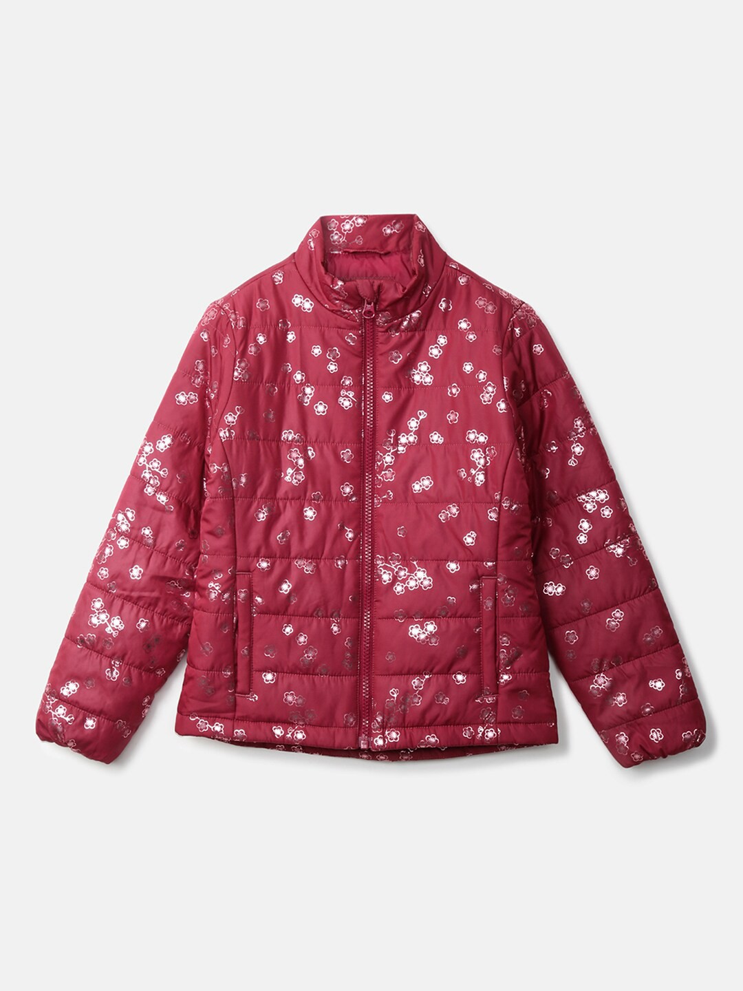 

United Colors of Benetton Girls Maroon & Silver-Toned Floral Printed Puffer Jacket