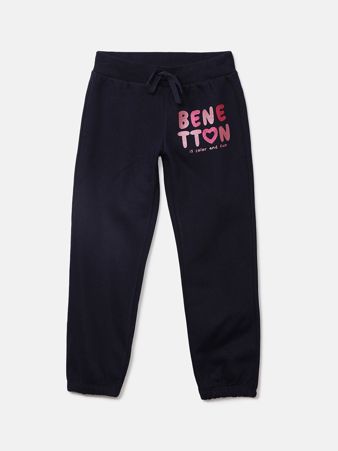 

United Colors of Benetton Girls Navy Blue & Pink Brand Logo Printed Joggers