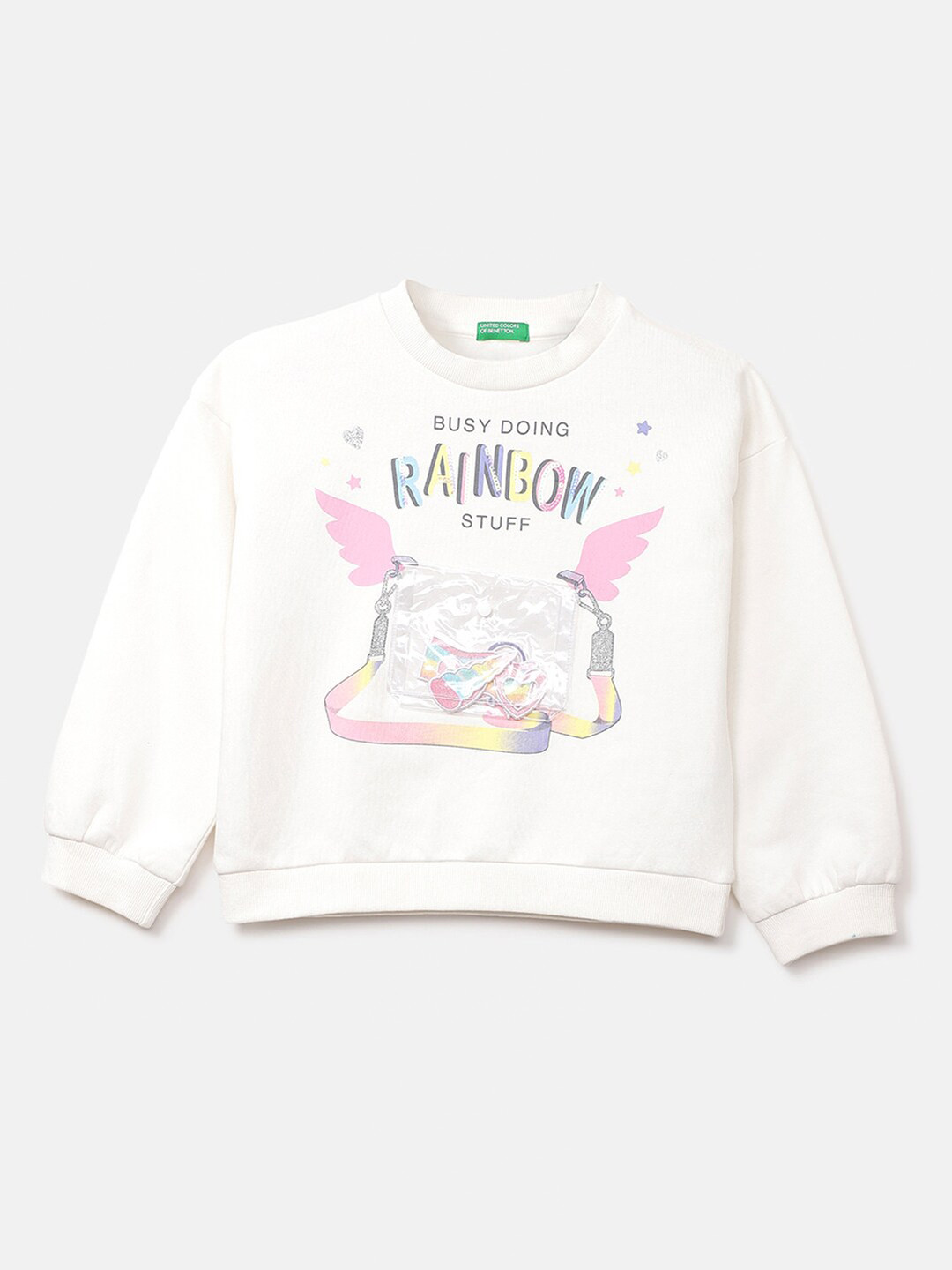 

United Colors of Benetton Girls White Graphic Printed Cotton Sweatshirt