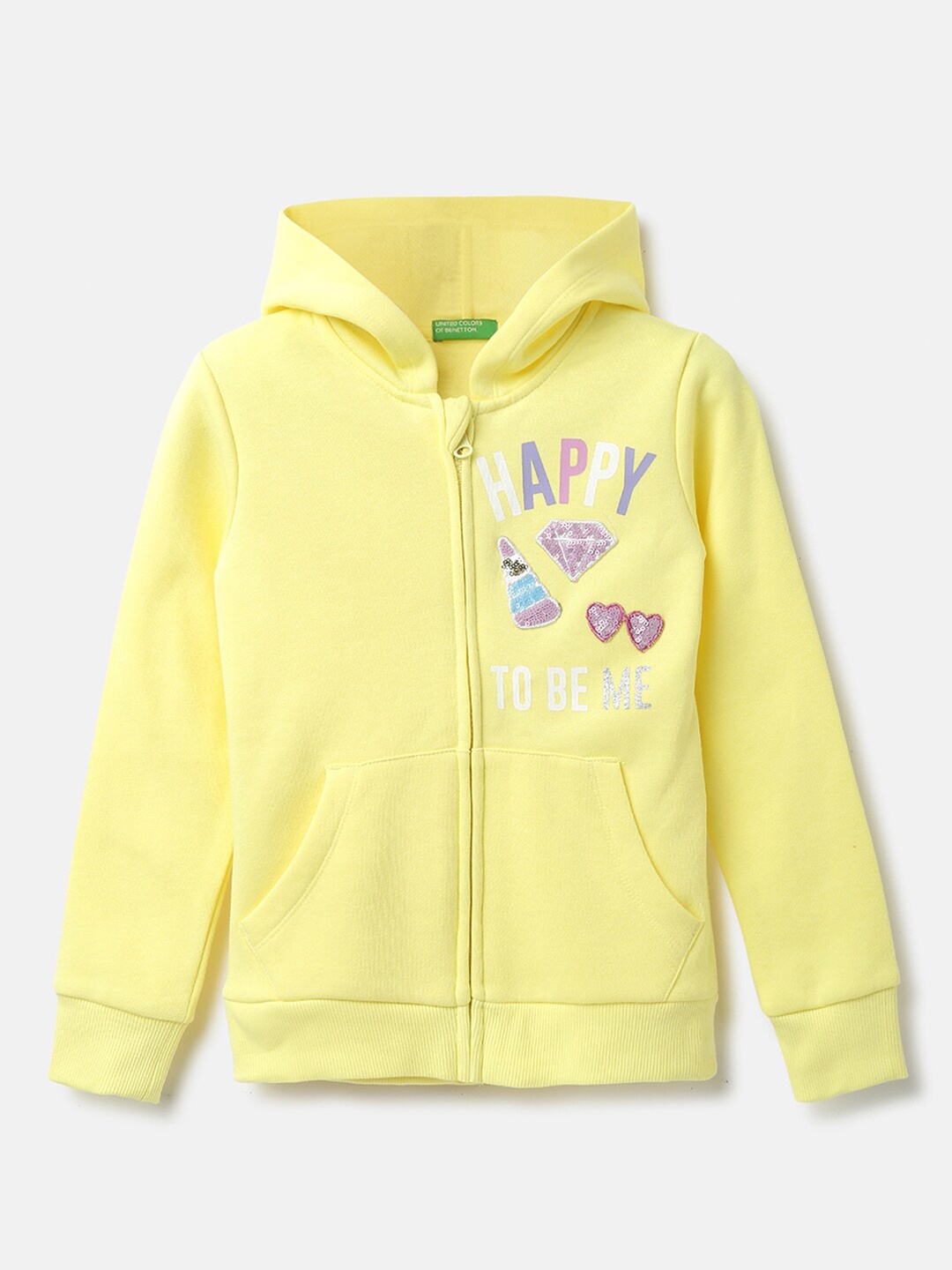 

United Colors of Benetton Girls Yellow Printed Hooded Sweatshirt
