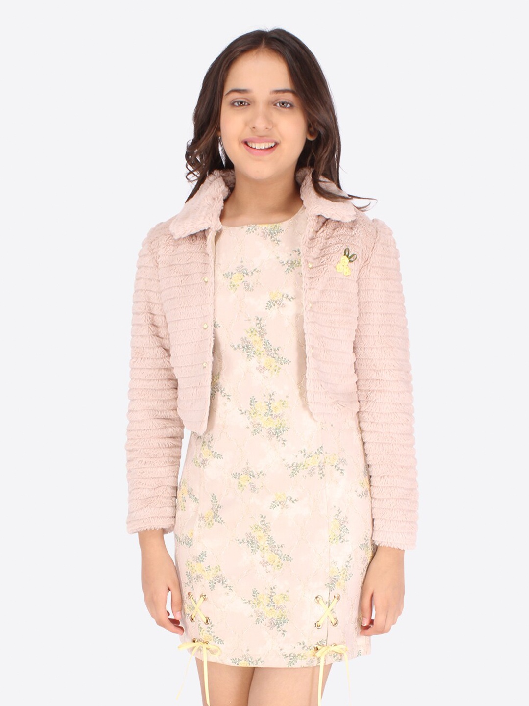 

CUTECUMBER Girls Beige & Pink Floral Printed Velvet Sheath Dress With Coat