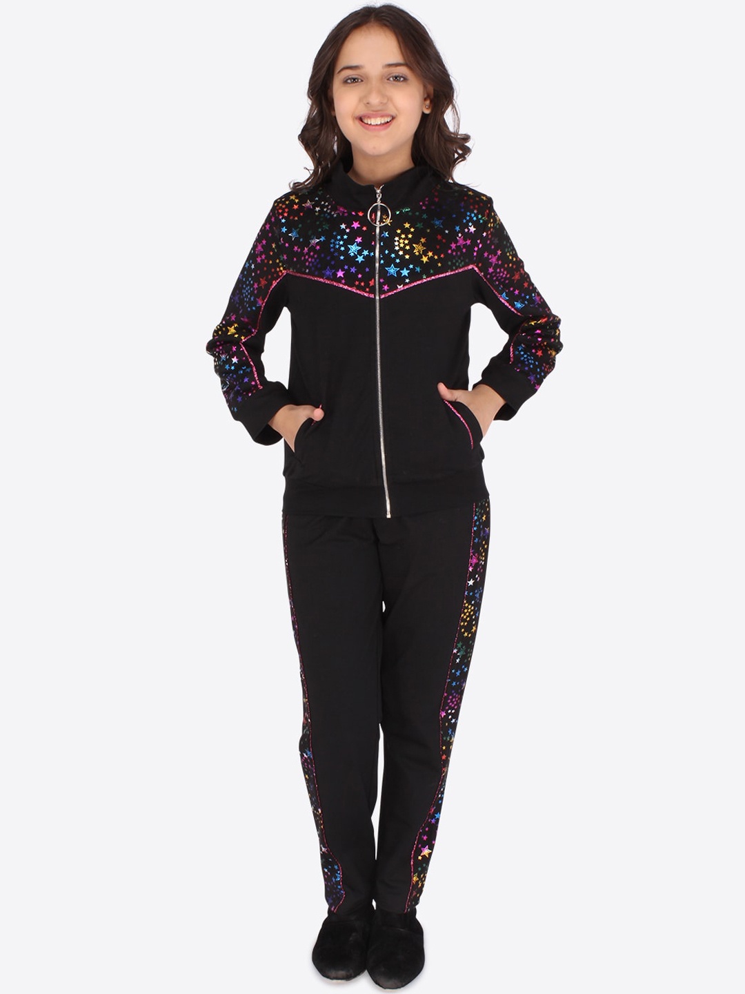 

CUTECUMBER Girls Black & Blue Printed Cotton Winter Tracksuits