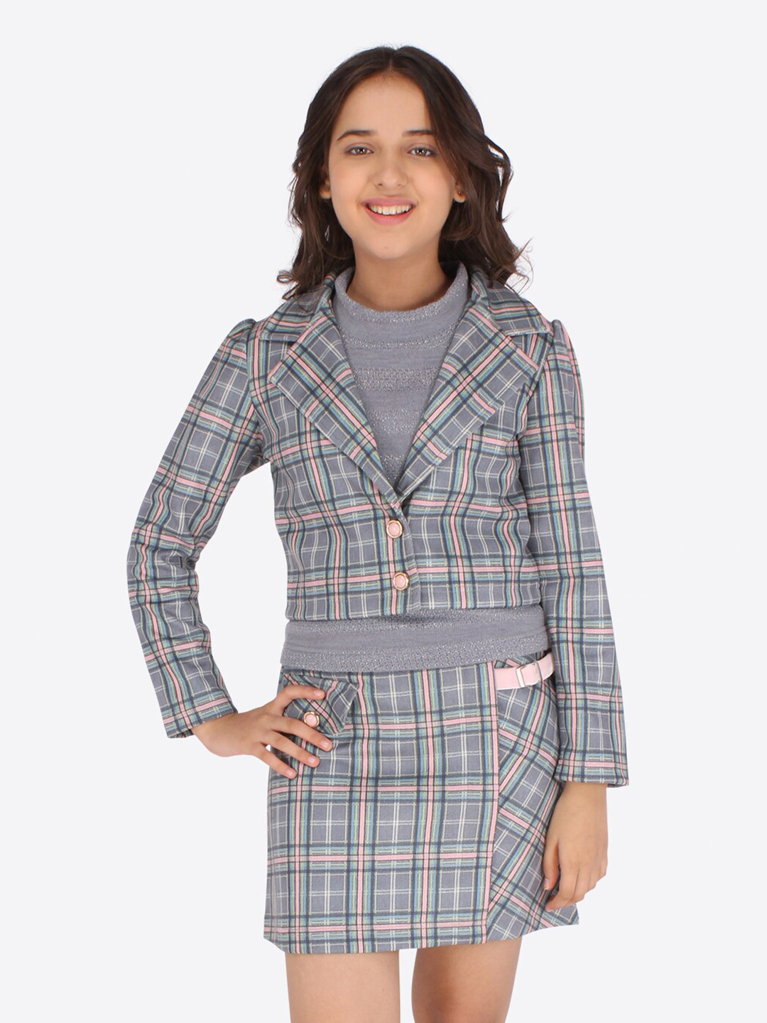 

CUTECUMBER Girls Grey & Pink Checked Suede Top with Skirt