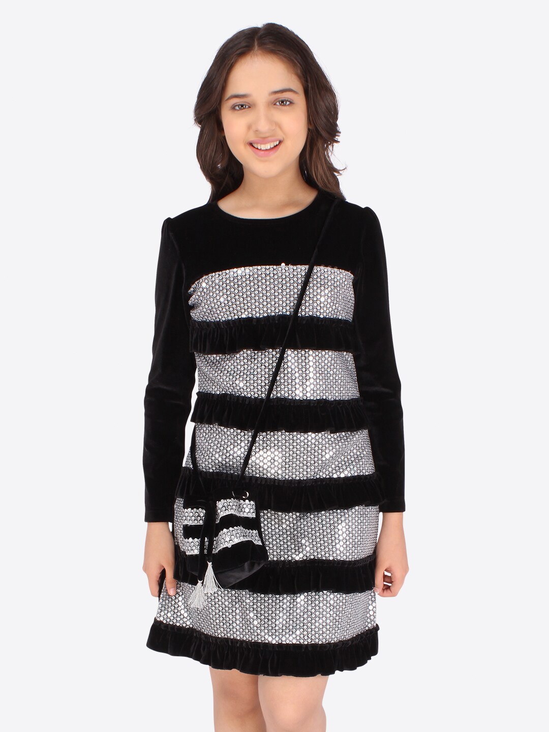 

CUTECUMBER Girls Black & White Embellished Velvet A-Line Dress