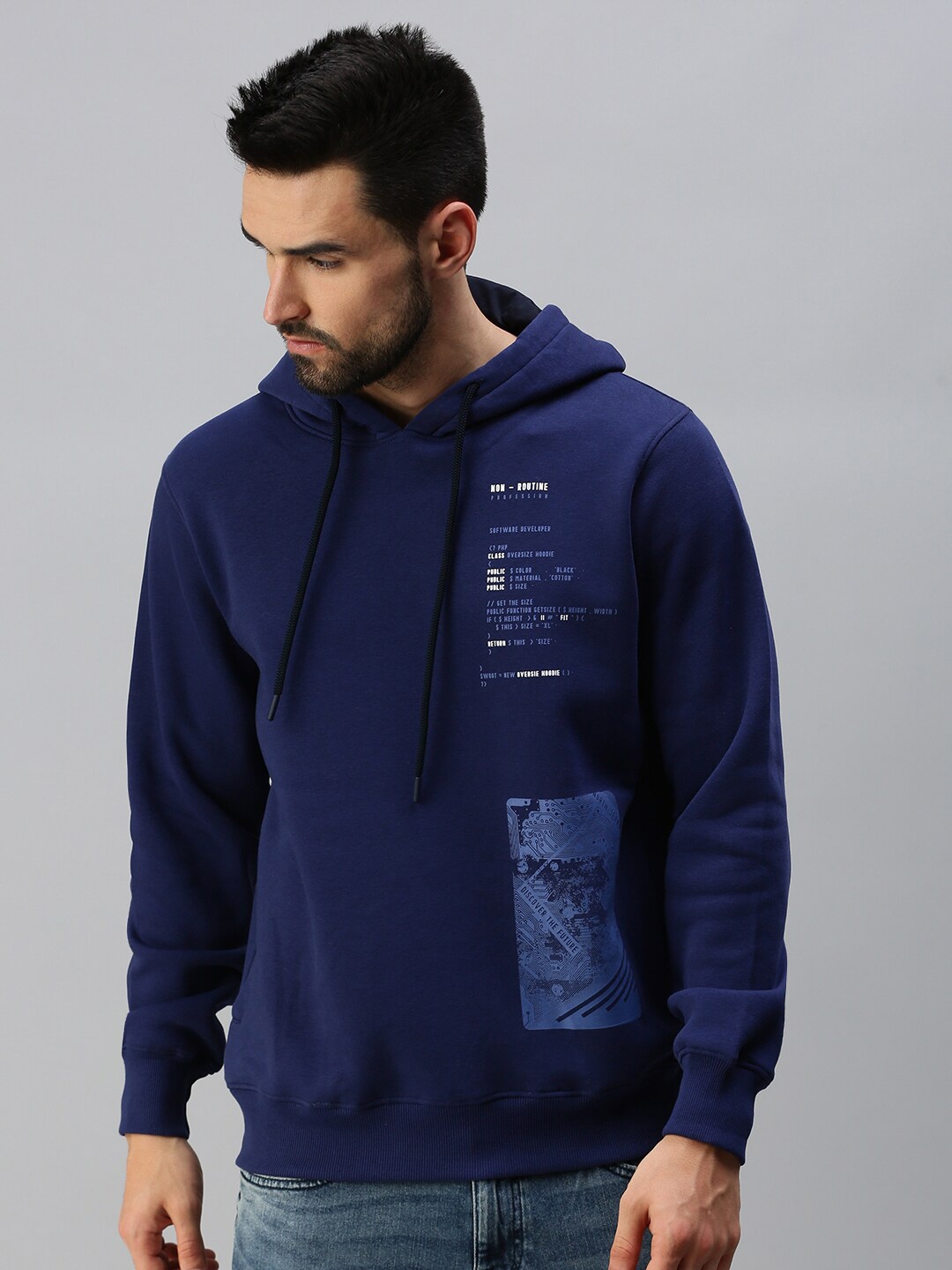 

98 Degree North Men Navy Blue Printed Hooded Sweatshirt