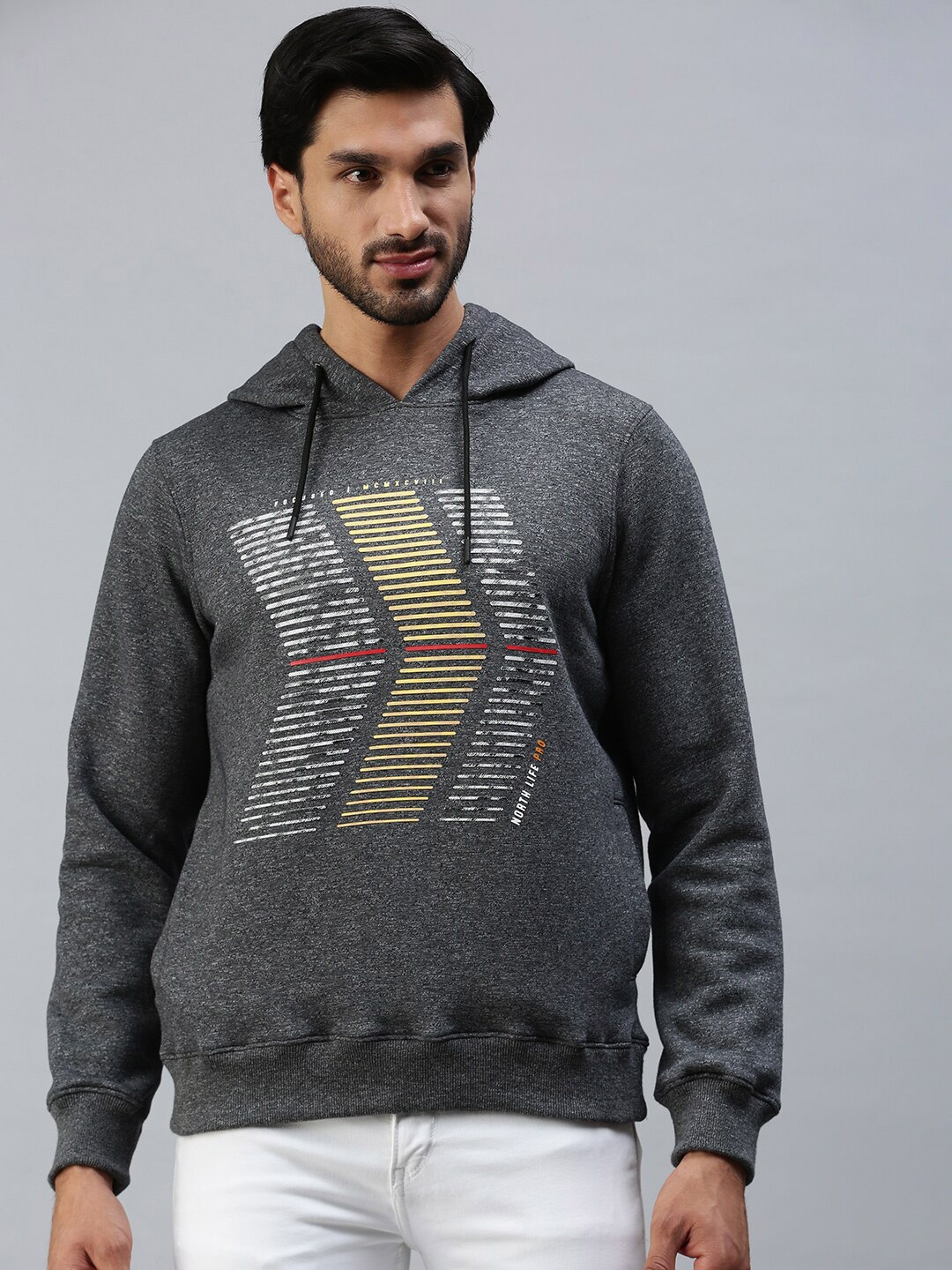 

98 Degree North Men Black Striped Hooded Fleece Sweatshirt