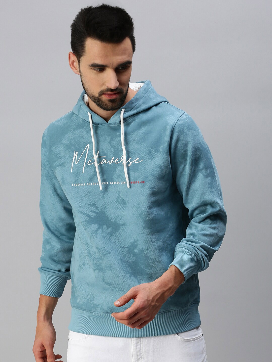 

98 Degree North Men Blue Fleece Printed Hooded Sweatshirt