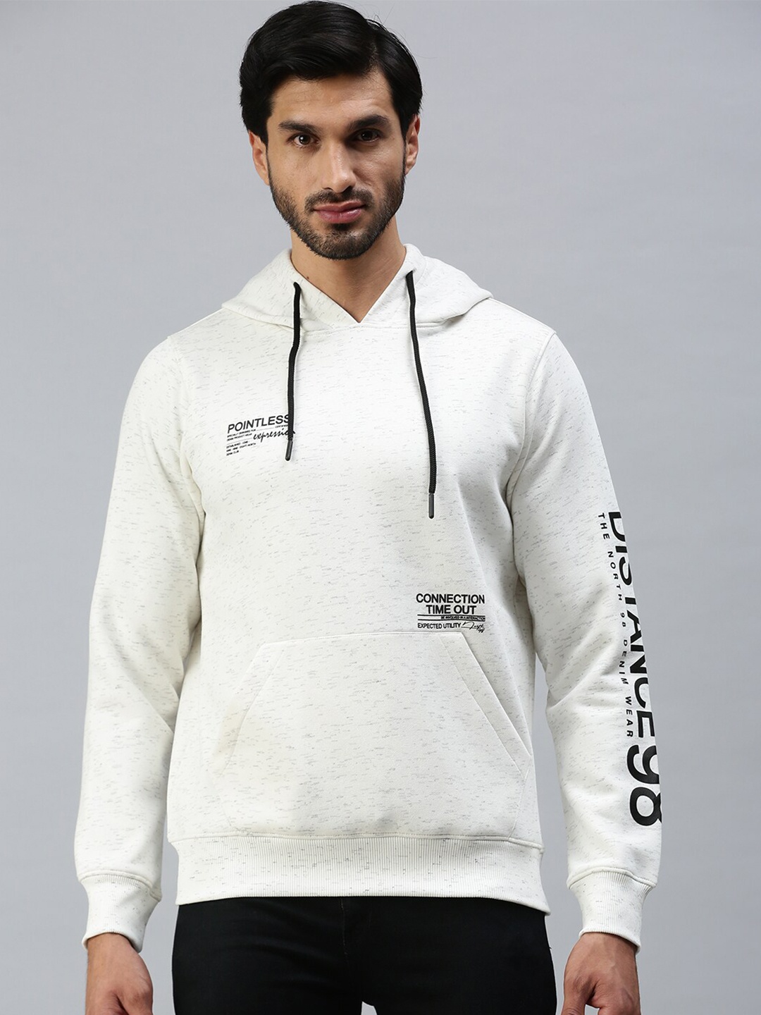 

98 Degree North Men Off White Printed Hooded Sweatshirt