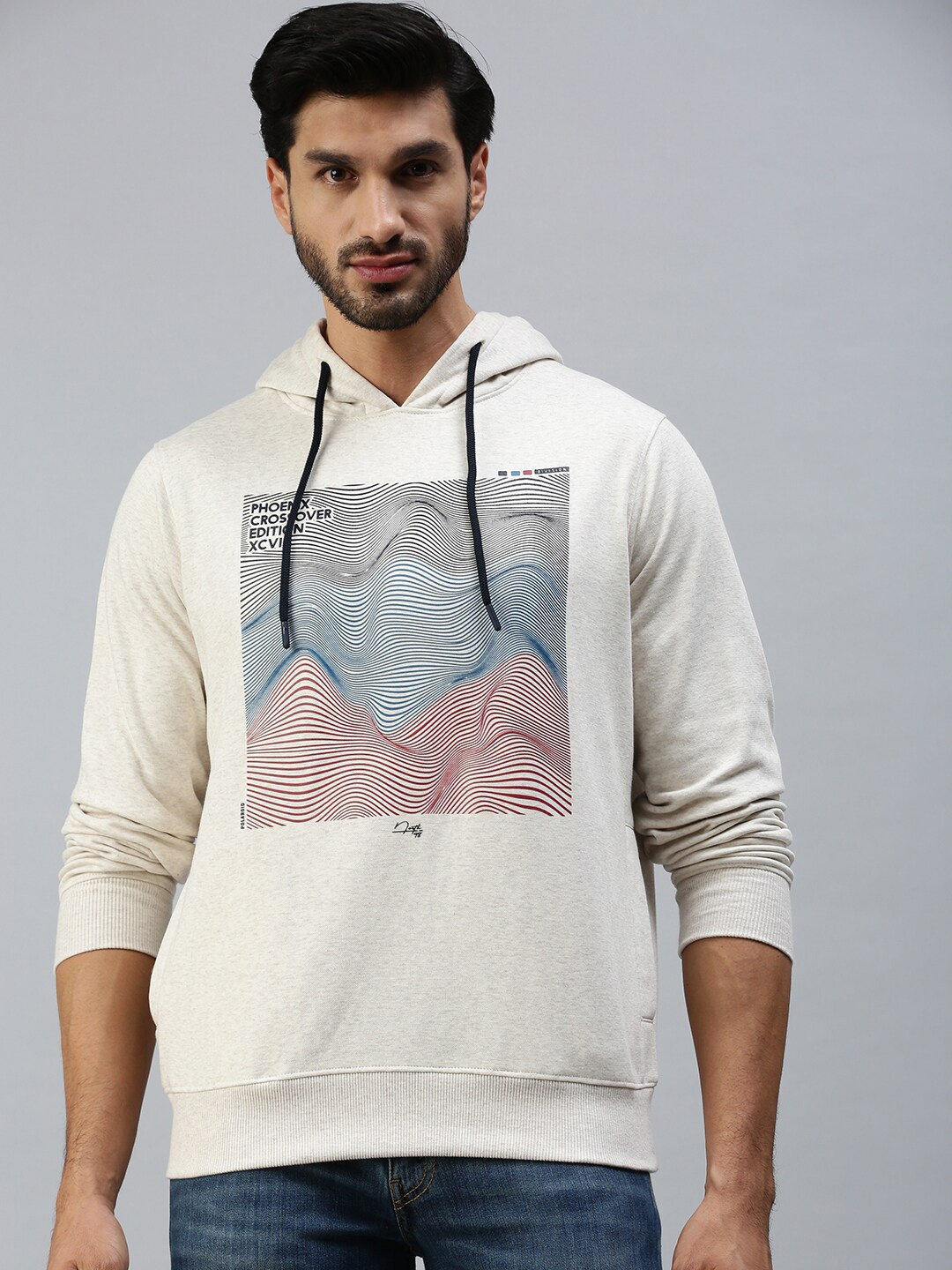 

98 Degree North Men Off White Printed Hooded Fleece Sweatshirt