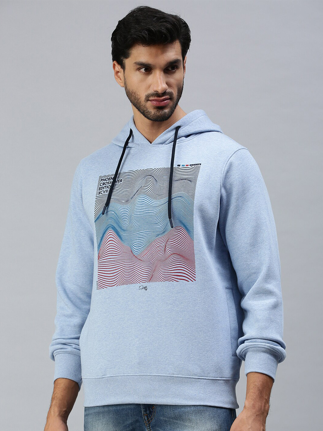

98 Degree North Men Blue Striped Hooded Sweatshirt