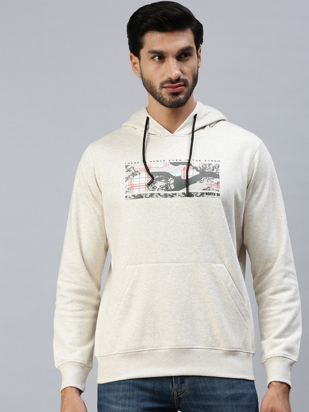 

98 Degree North Men Off White Printed Hooded Fleece Sweatshirt, Cream