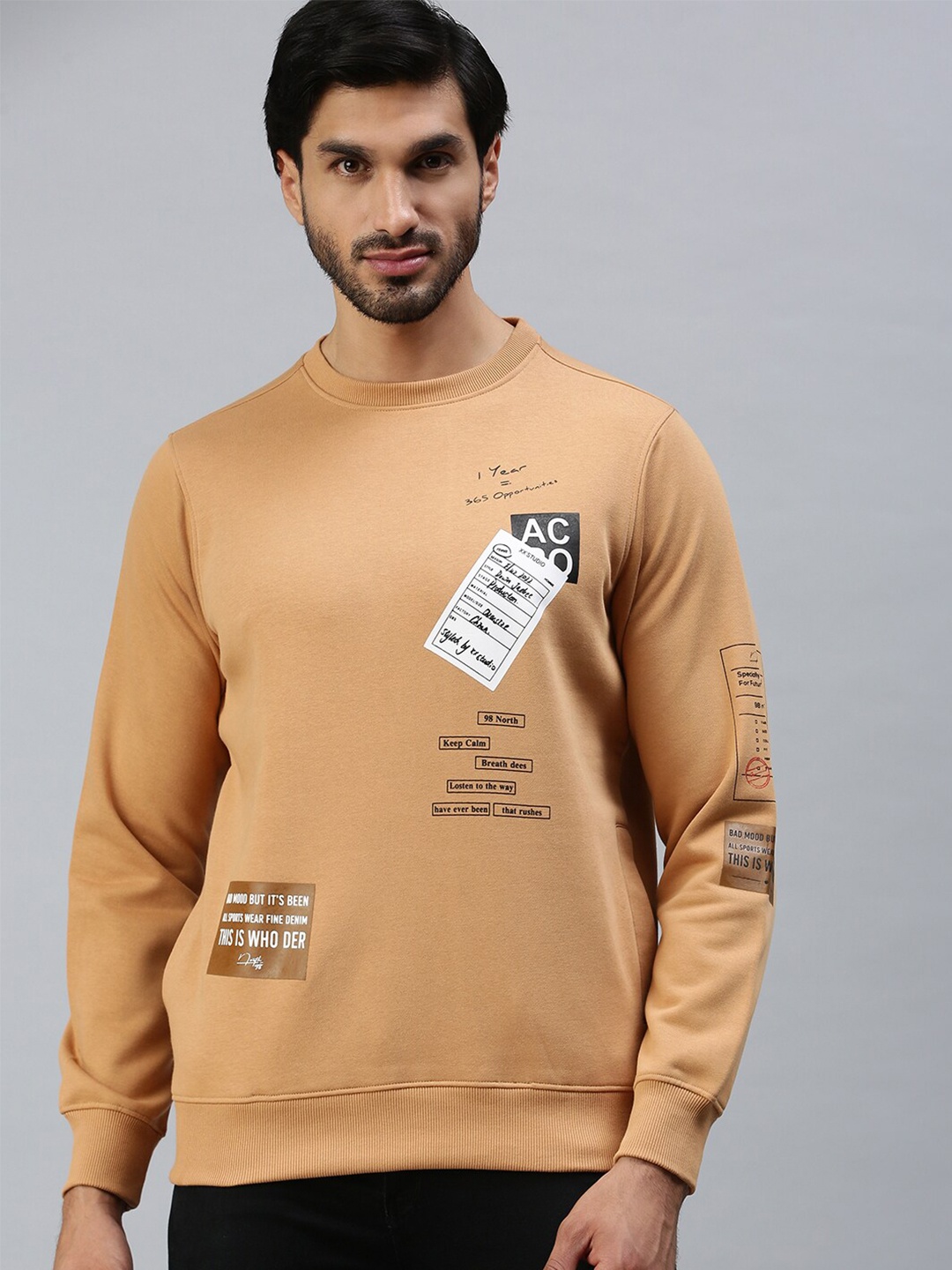 

98 Degree North Men Plus size Camel Brown Printed Fleece Sweatshirt