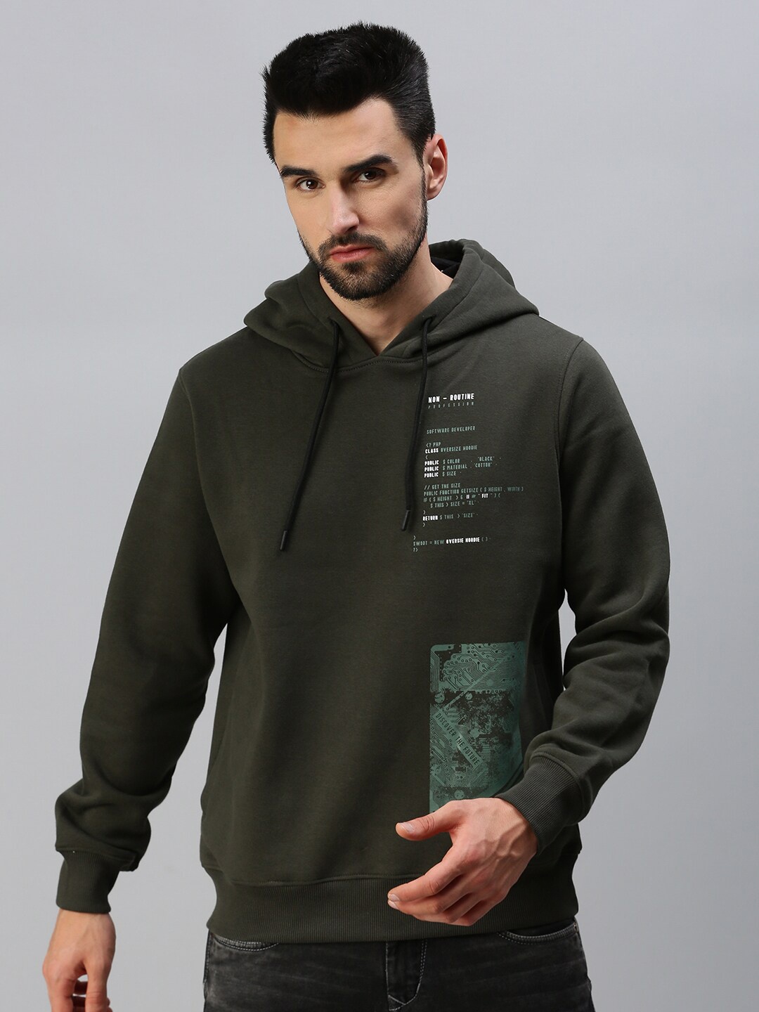 

98 Degree North Men Olive Green Printed Hooded Sweatshirt