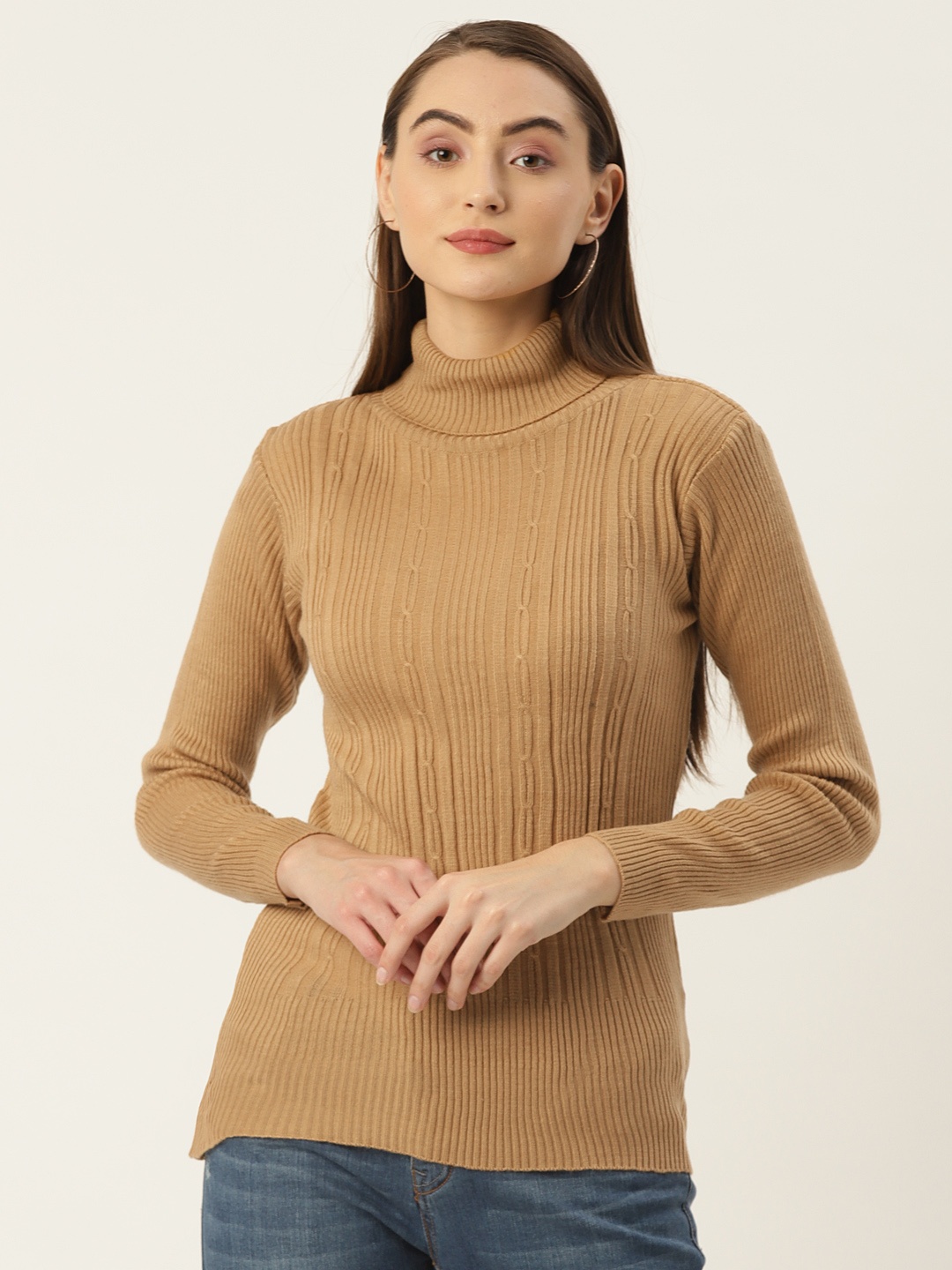 

FABNEST Women Beige Striped Pullover