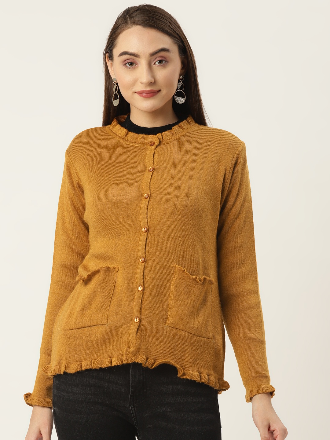 

FABNEST Women Mustard Ruffled Cardigan