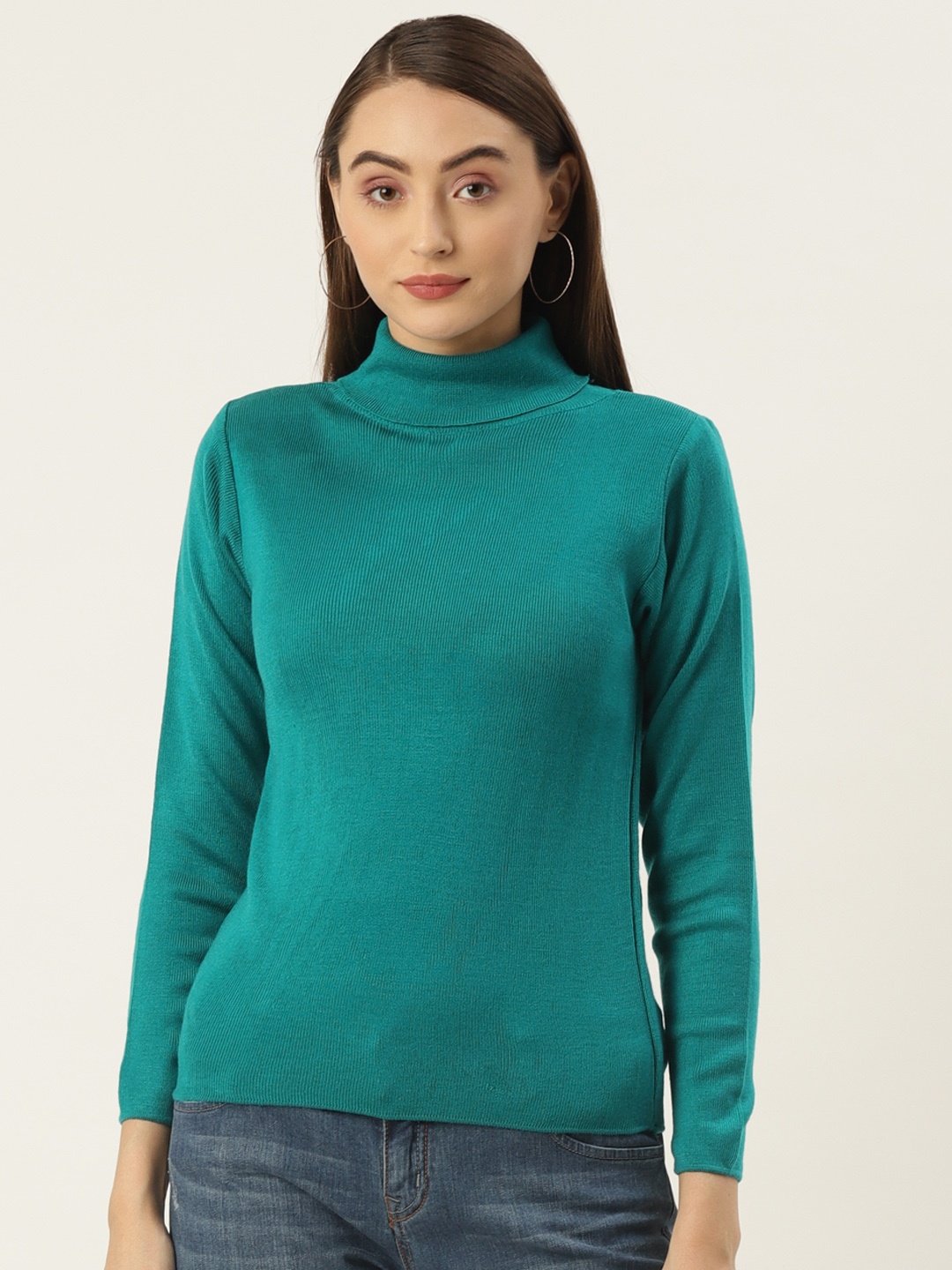

FABNEST Women Turquoise Blue Turtle Neck Sweater