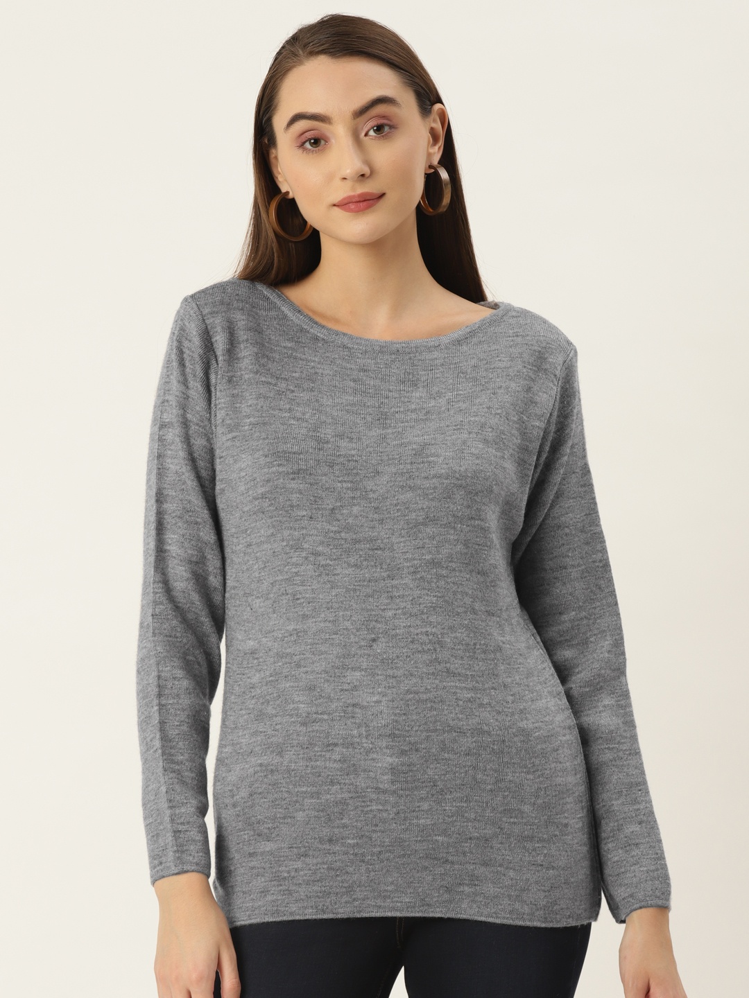 

FABNEST Women Grey Boat Neck Sweater