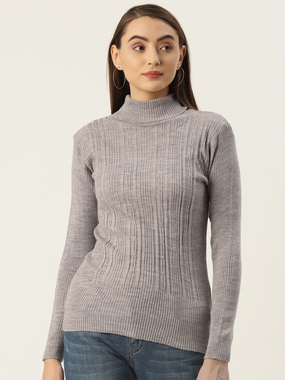 

FABNEST Women Grey Turtle Neck Sweater